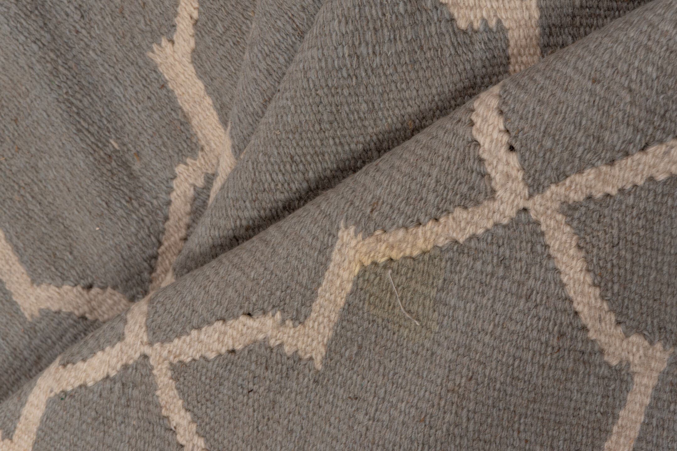 9' x 13' one-of-a-kind handmade vintage Kilim large size rug. Color palette: gray, ivory