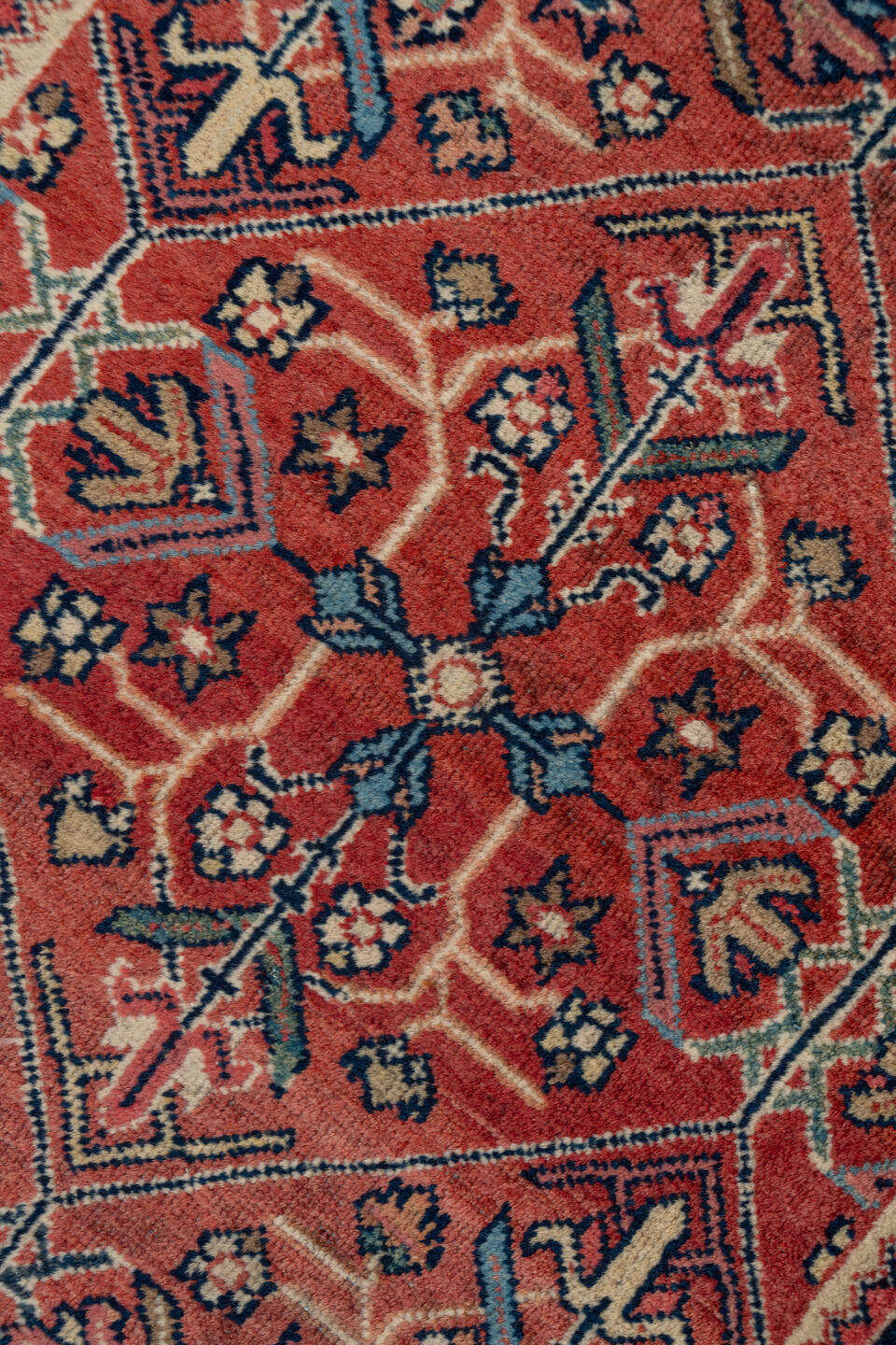 3' x 15' one-of-a-kind handmade antique Mahal runner rug. Color palette: rust, terra cotta, navy, ivory, slate, rose