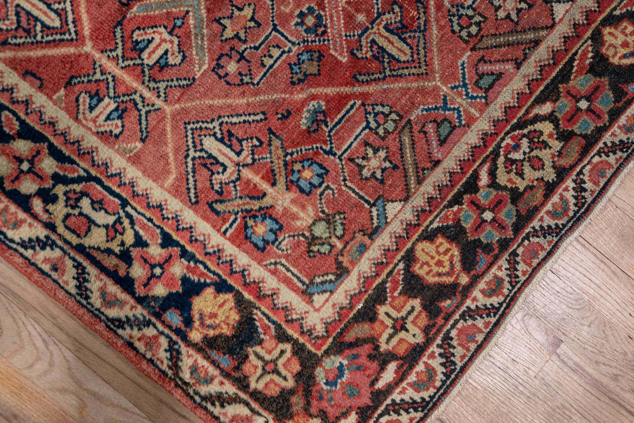 3' x 15' one-of-a-kind handmade antique Mahal runner rug. Color palette: rust, terra cotta, navy, ivory, slate, rose