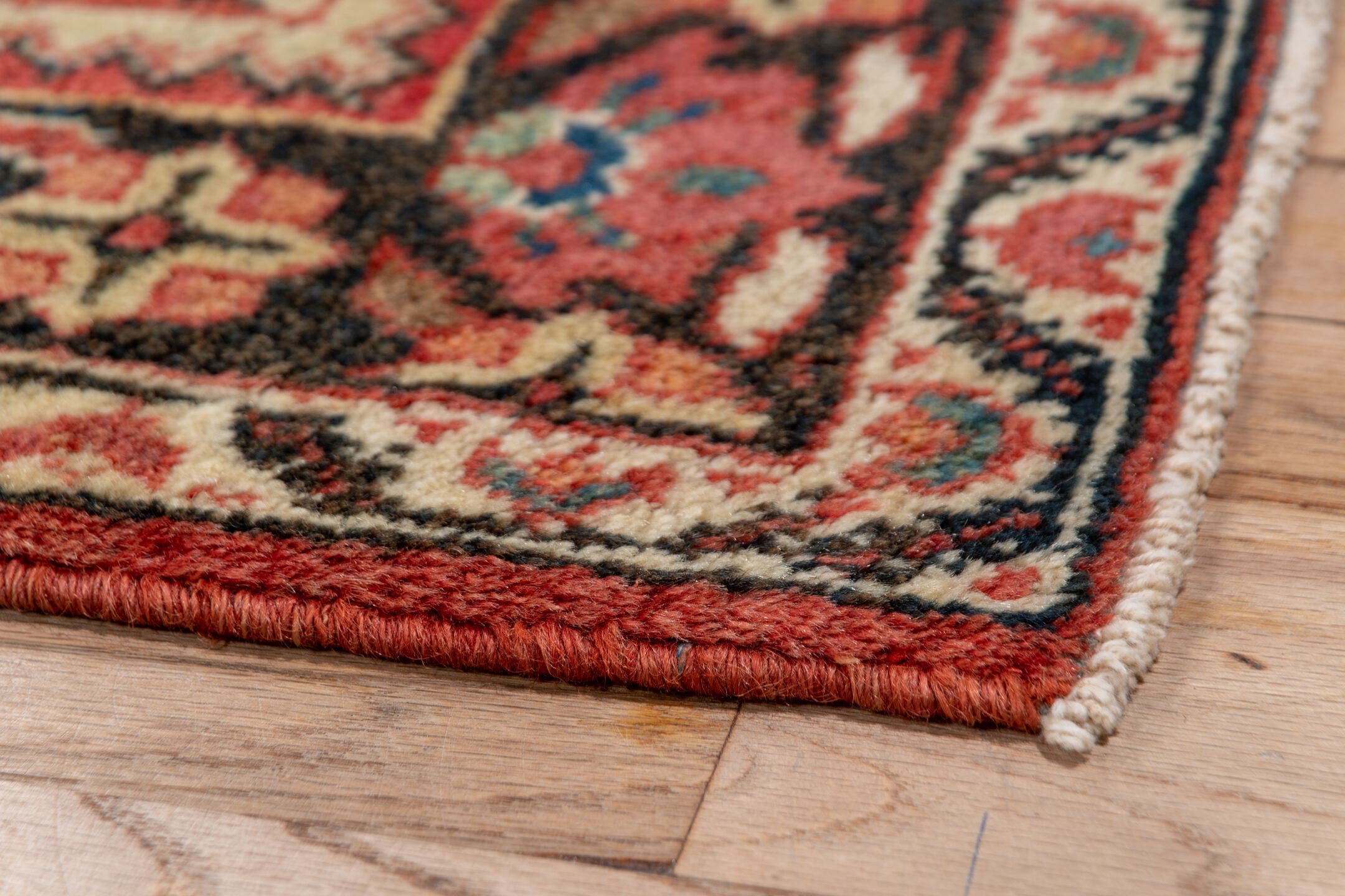 3' x 15' one-of-a-kind handmade antique Mahal runner rug. Color palette: rust, terra cotta, navy, ivory, slate, rose