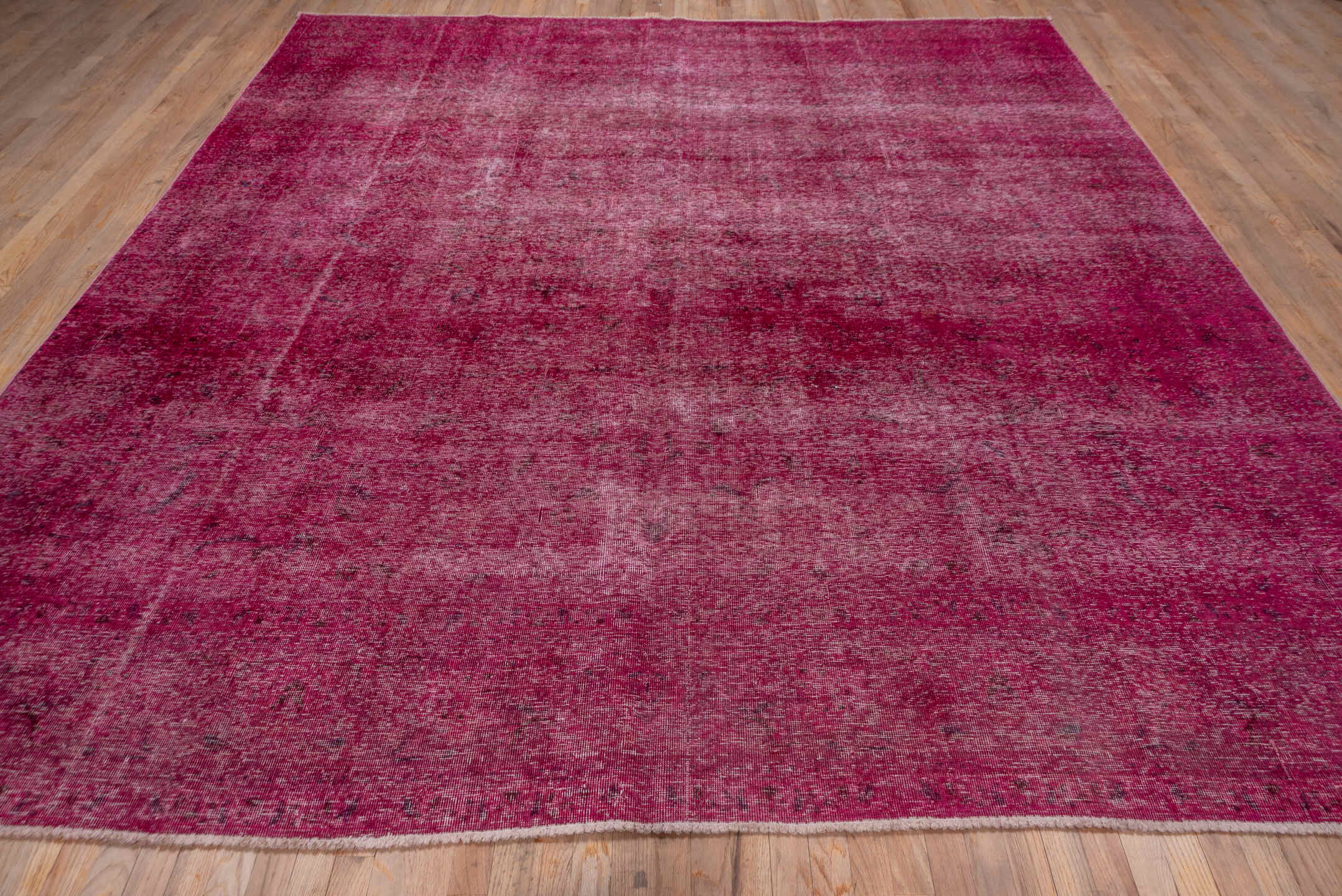 9' x 10' one-of-a-kind handmade vintage Overdyed large size rug. Color palette: brown, off-white, pink, red, snow, white