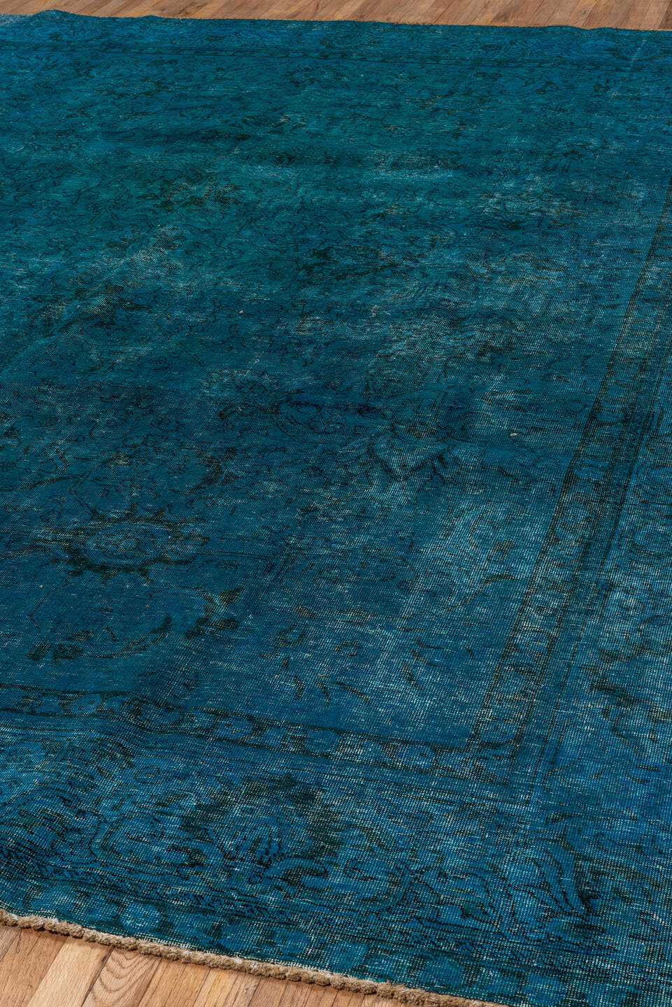 10' x 12' one-of-a-kind handmade vintage Overdyed large size rug. Color palette: teal, peacock, charcoal, slate, aqua, gray