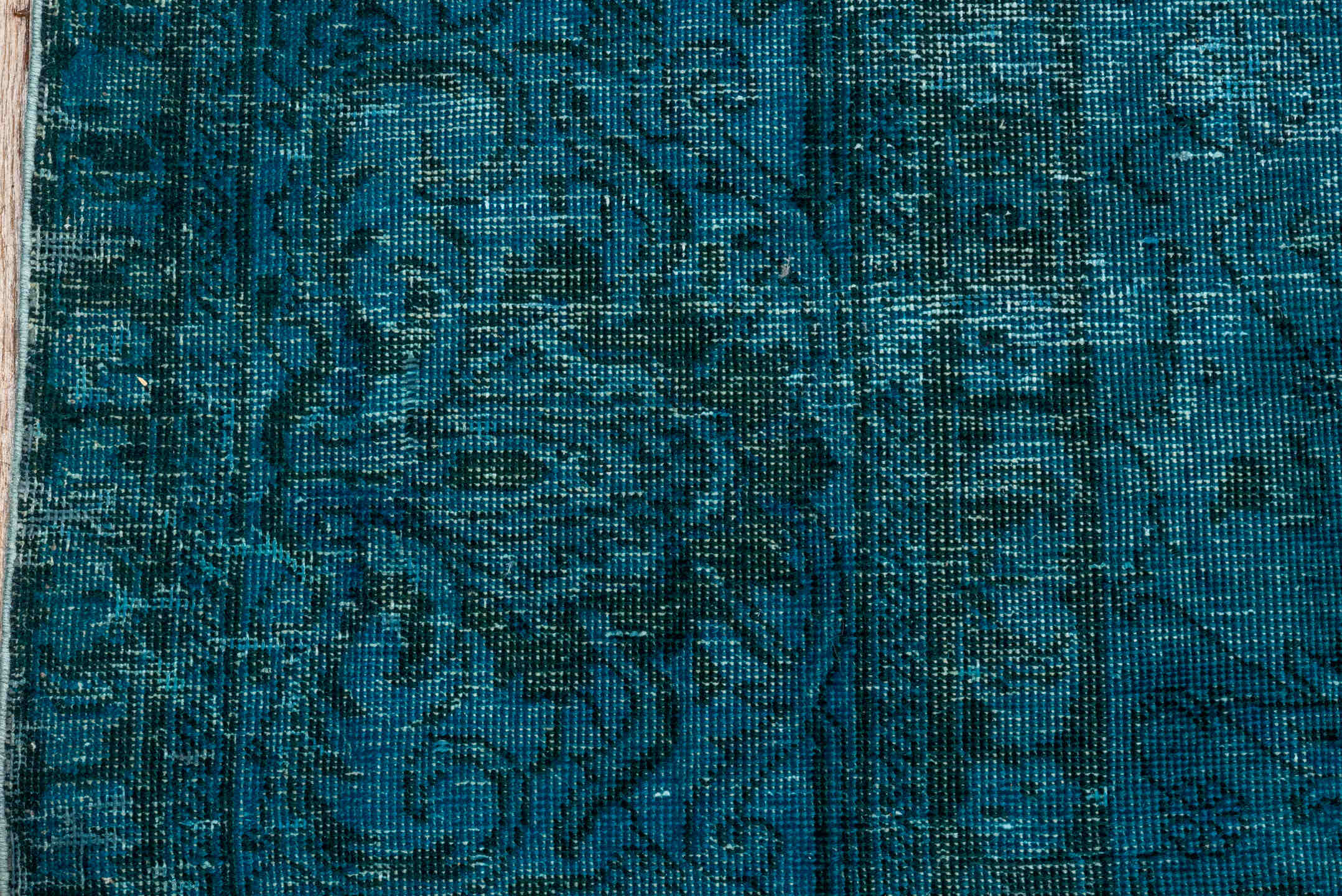 10' x 12' one-of-a-kind handmade vintage Overdyed large size rug. Color palette: teal, peacock, charcoal, slate, aqua, gray