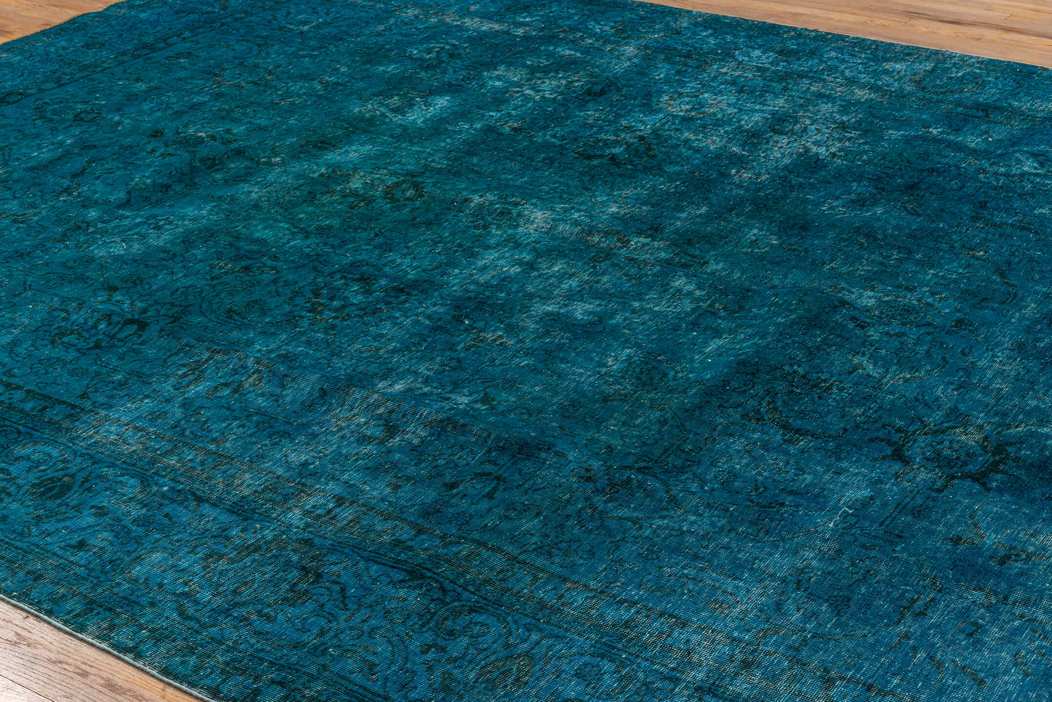 10' x 12' one-of-a-kind handmade vintage Overdyed large size rug. Color palette: teal, peacock, charcoal, slate, aqua, gray
