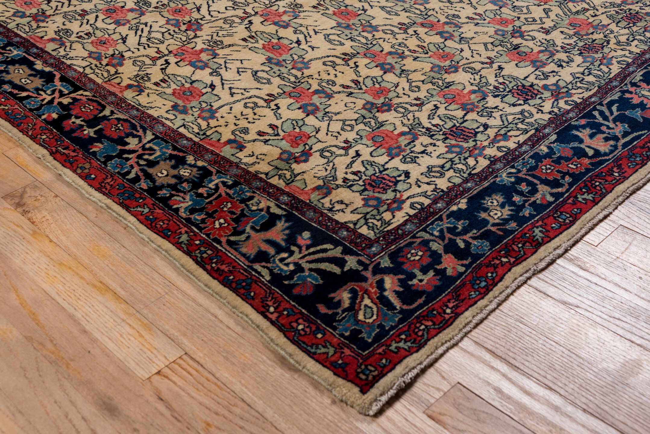 4' x 7' one-of-a-kind handmade antique Bidjar rug. Color palette: ivory, navy, rust, crimson, slate, taupe, cobalt, blue