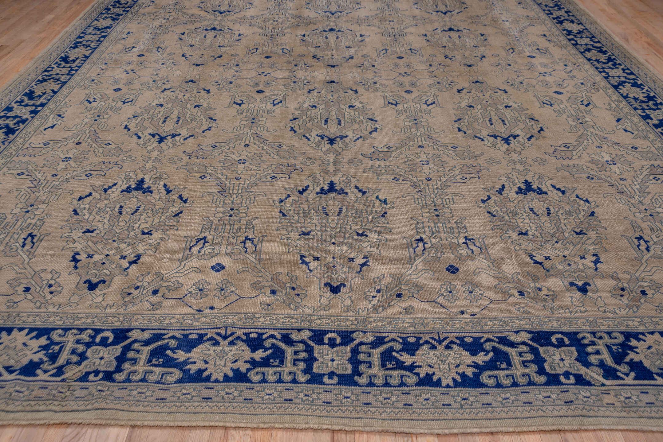 13' x 15' one-of-a-kind handmade antique Oushak oversize rug. Color palette: ivory, cobalt, beige, taupe, slate, blue, gray