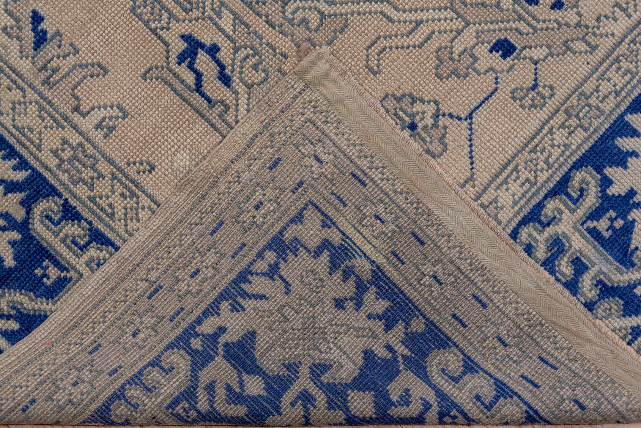 13' x 15' one-of-a-kind handmade antique Oushak oversize rug. Color palette: ivory, cobalt, beige, taupe, slate, blue, gray