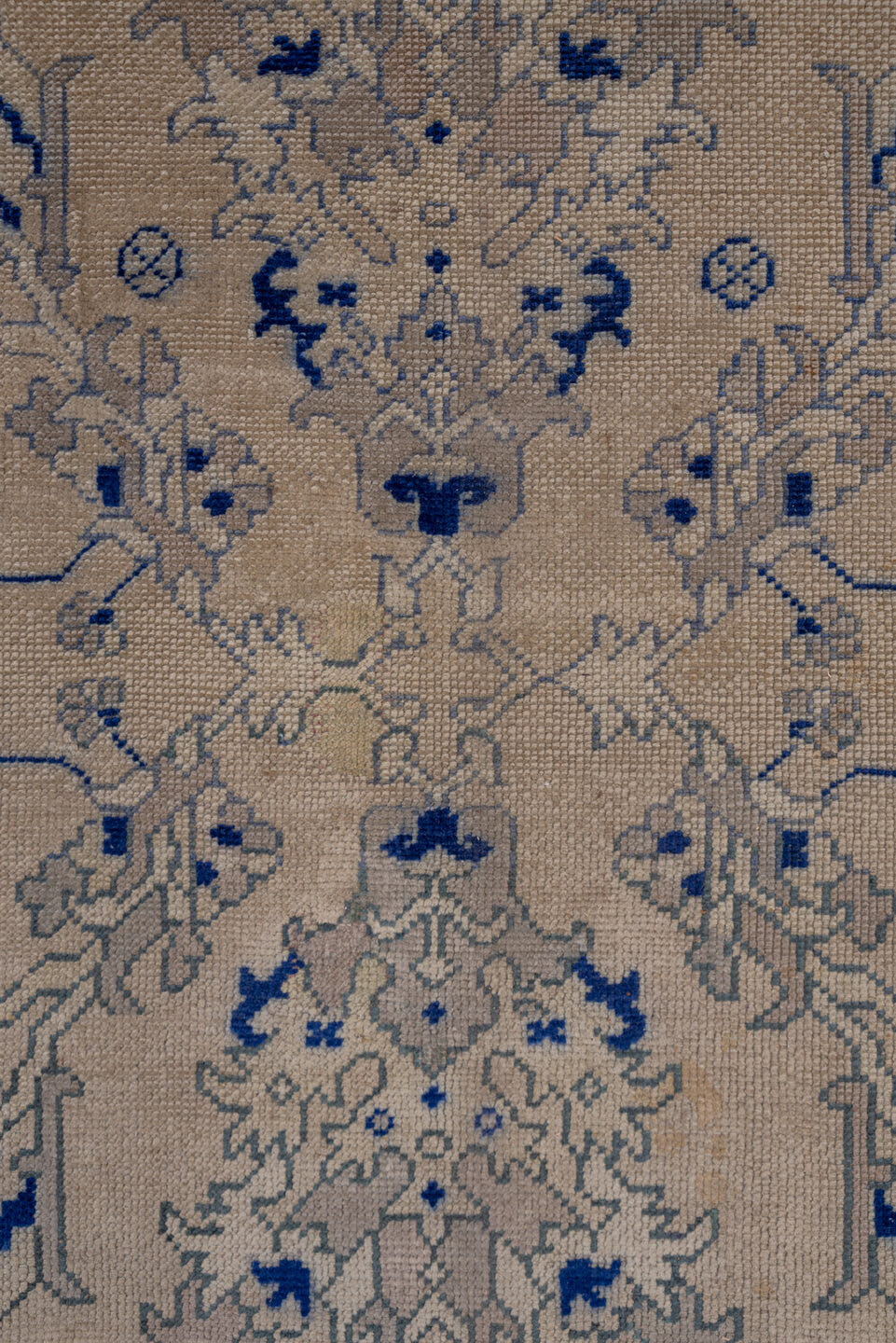 13' x 15' one-of-a-kind handmade antique Oushak oversize rug. Color palette: ivory, cobalt, beige, taupe, slate, blue, gray
