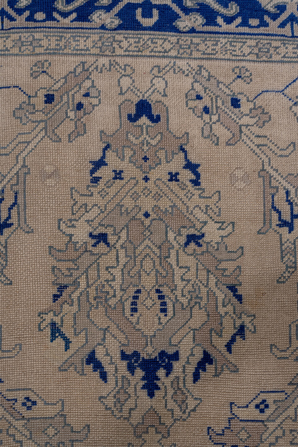 13' x 15' one-of-a-kind handmade antique Oushak oversize rug. Color palette: ivory, cobalt, beige, taupe, slate, blue, gray