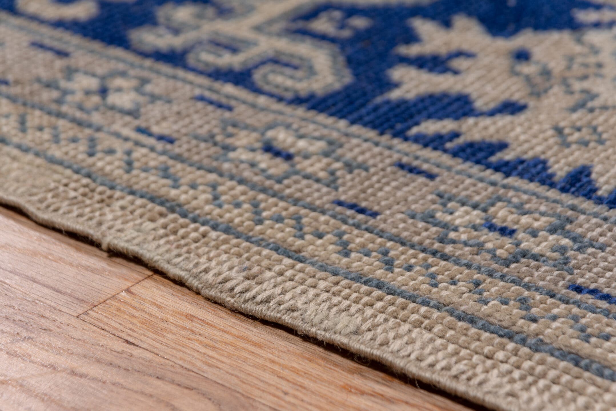 13' x 15' one-of-a-kind handmade antique Oushak oversize rug. Color palette: ivory, cobalt, beige, taupe, slate, blue, gray
