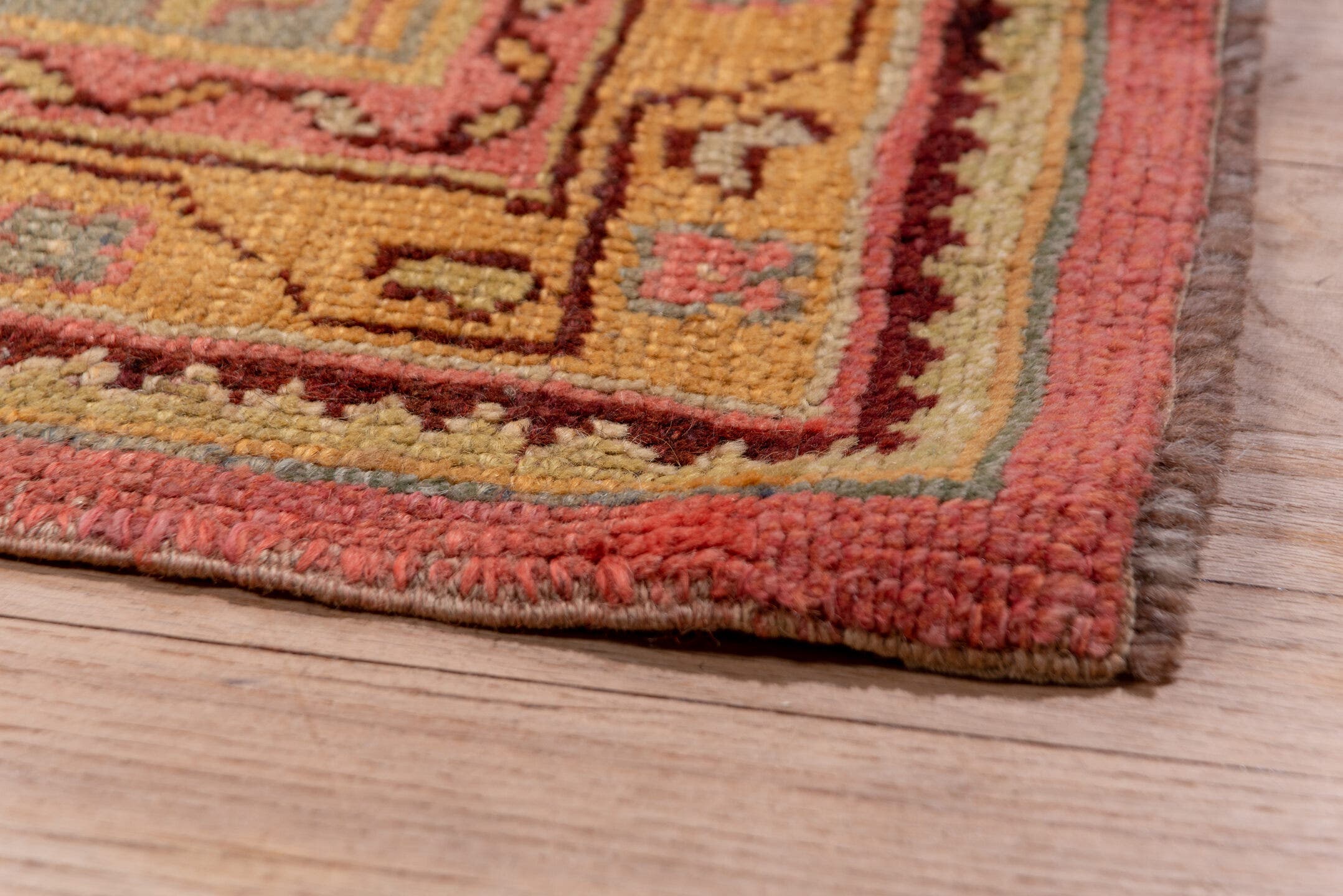 10' x 16' one-of-a-kind handmade antique Oushak rug. Color palette: rose, blue_gray, gold, sage, ivory, terra_cotta, taupe