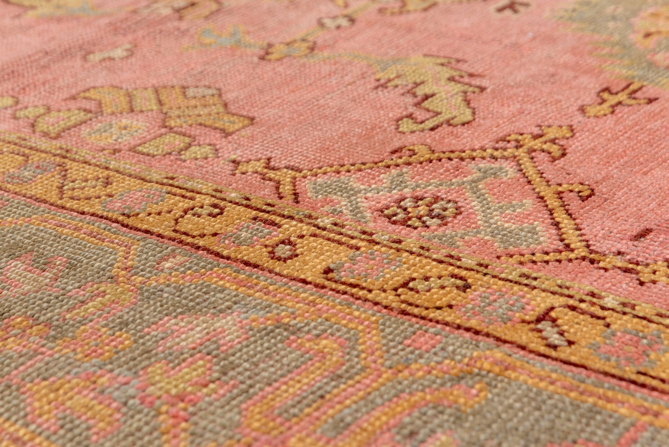 10' x 16' one-of-a-kind handmade vintage Oushak rug. Color palette: brown, gray, off-white, orange, pink, snow, white