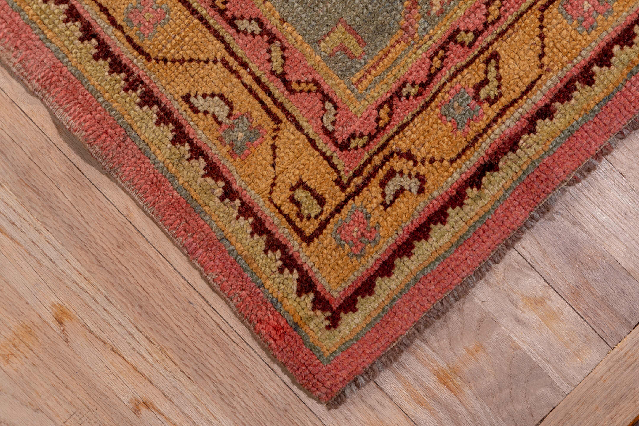 10' x 16' one-of-a-kind handmade antique Oushak rug. Color palette: rose, blue_gray, gold, sage, ivory, terra_cotta, taupe