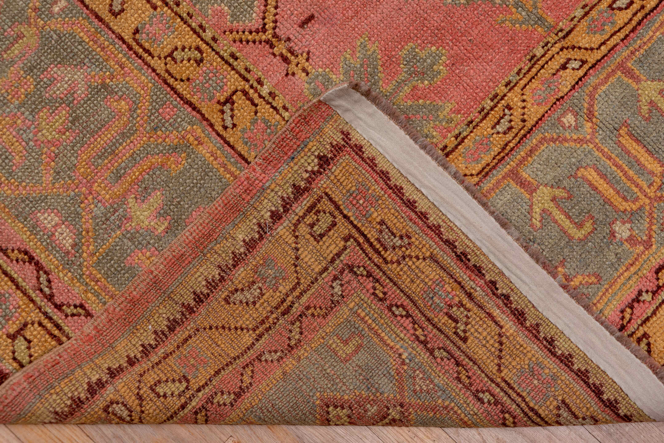 10' x 16' one-of-a-kind handmade antique Oushak rug. Color palette: rose, blue_gray, gold, sage, ivory, terra_cotta, taupe