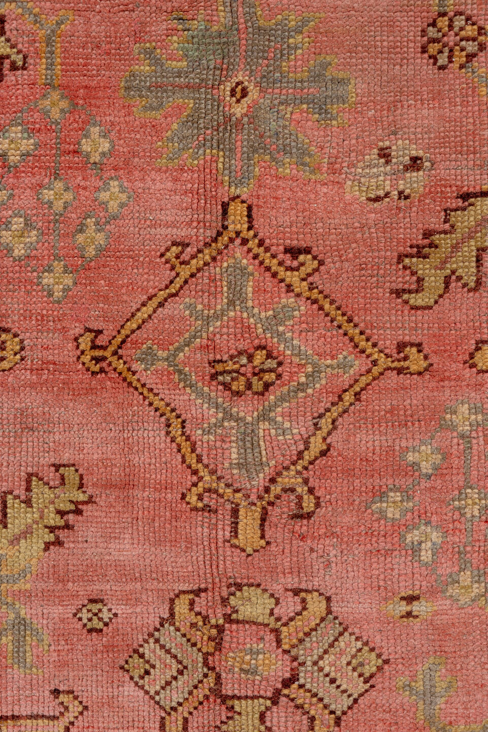 10' x 16' one-of-a-kind handmade antique Oushak rug. Color palette: rose, blue_gray, gold, sage, ivory, terra_cotta, taupe
