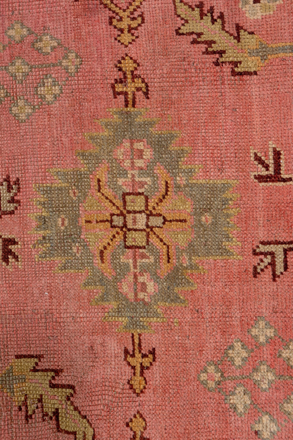 10' x 16' one-of-a-kind handmade antique Oushak rug. Color palette: rose, blue_gray, gold, sage, ivory, terra_cotta, taupe