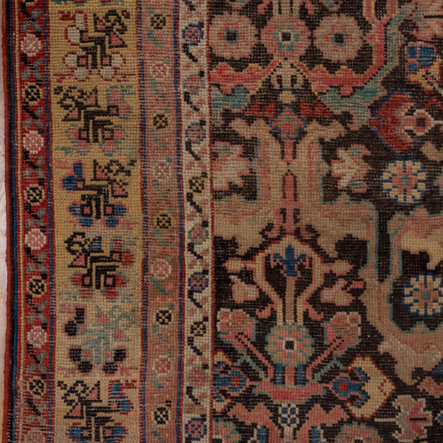 6' x 12' one-of-a-kind handmade vintage Karabagh large size rug. Color palette: black, brown, gray, pink, red