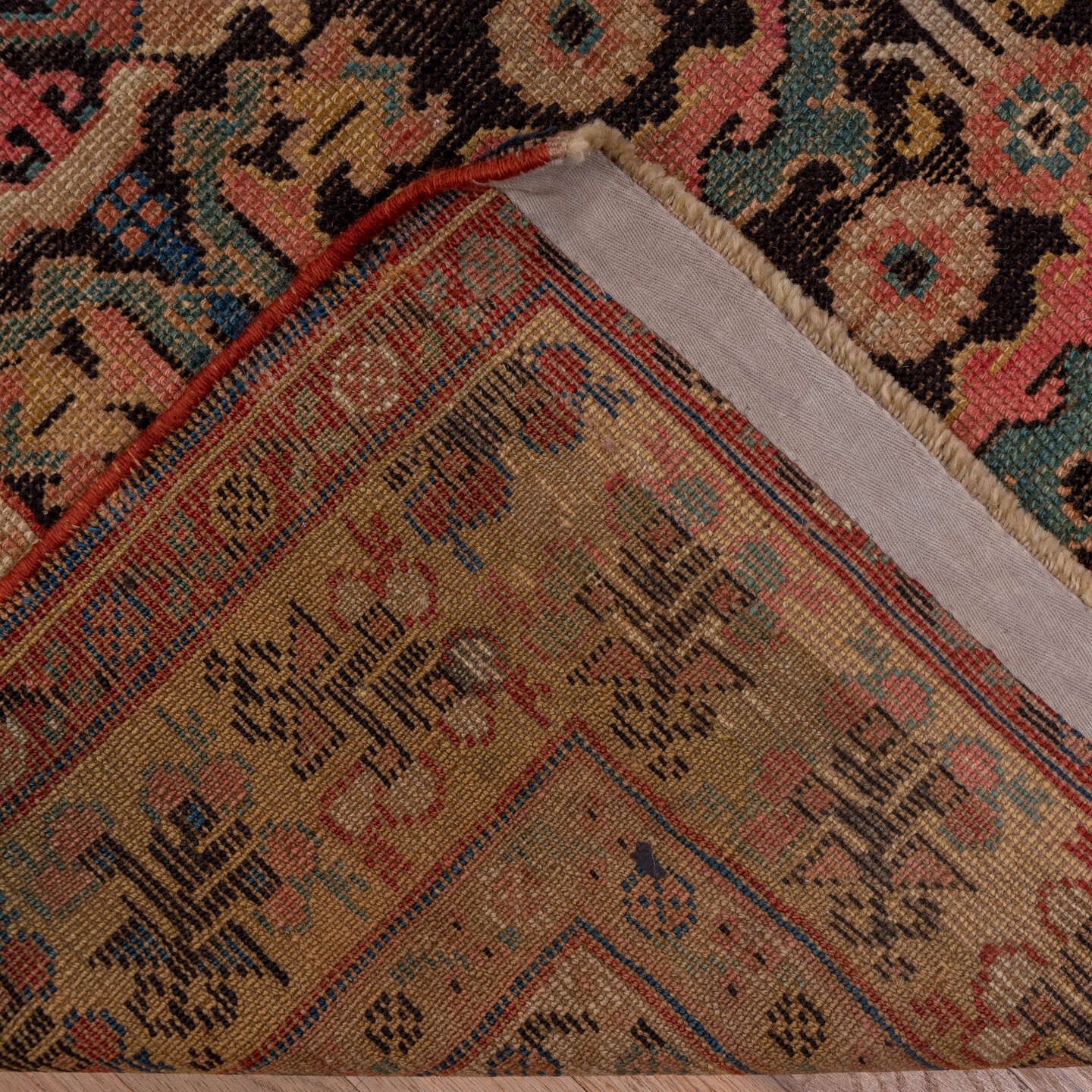 6' x 12' one-of-a-kind handmade vintage Karabagh large size rug. Color palette: black, brown, gray, pink, red