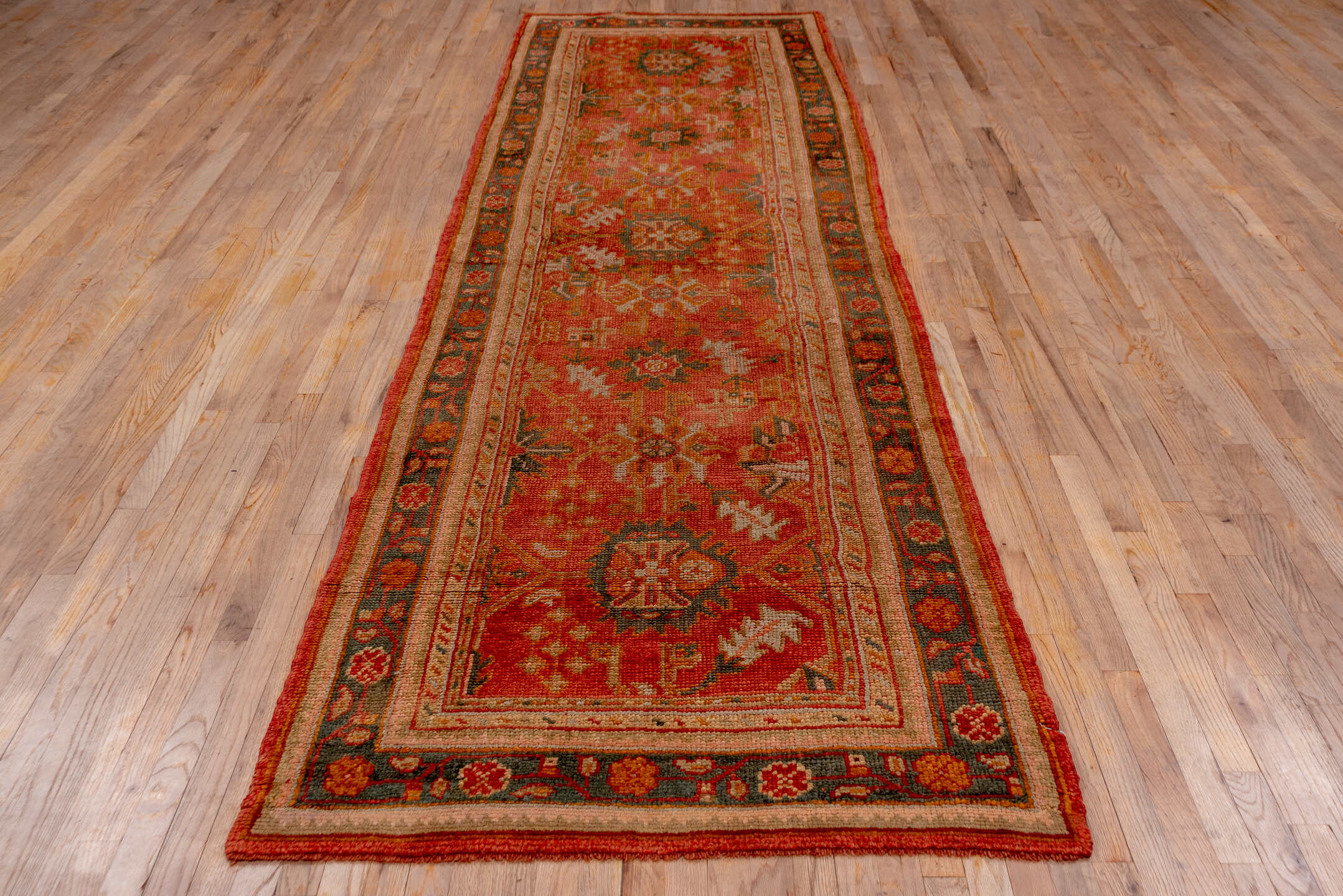 3' x 13' one-of-a-kind handmade antique Oushak runner rug. Color palette: terra cotta, rust, slate, ivory, gold, sage