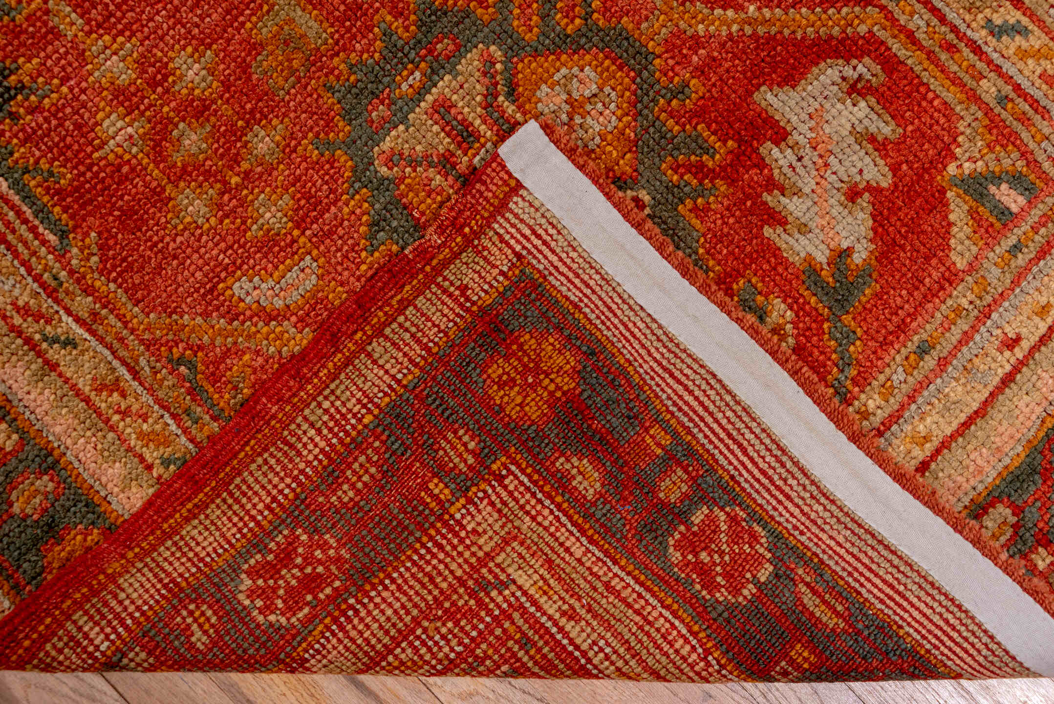 3' x 13' one-of-a-kind handmade antique Oushak runner rug. Color palette: terra cotta, rust, slate, ivory, gold, sage