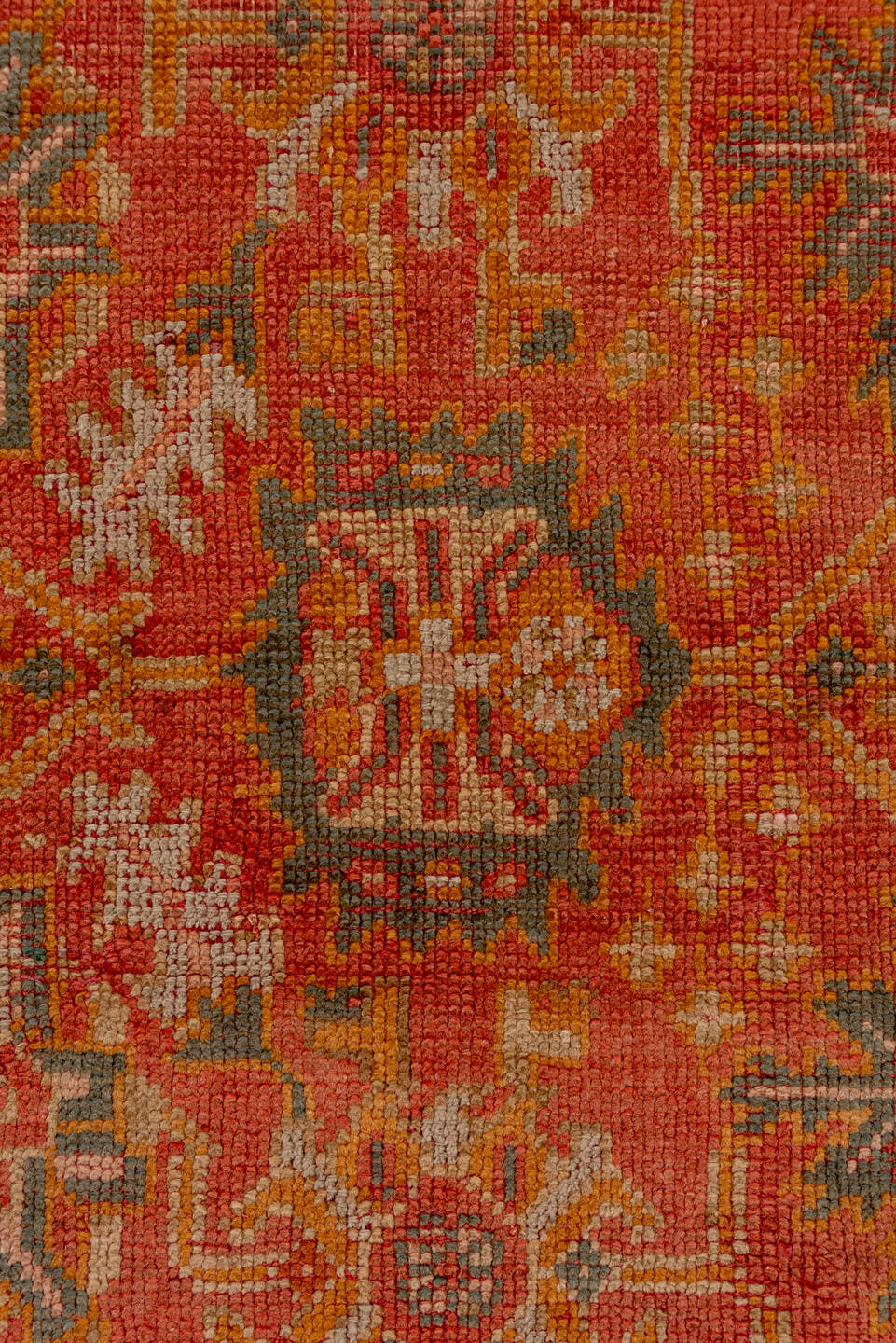 3' x 13' one-of-a-kind handmade antique Oushak runner rug. Color palette: terra cotta, rust, slate, ivory, gold, sage