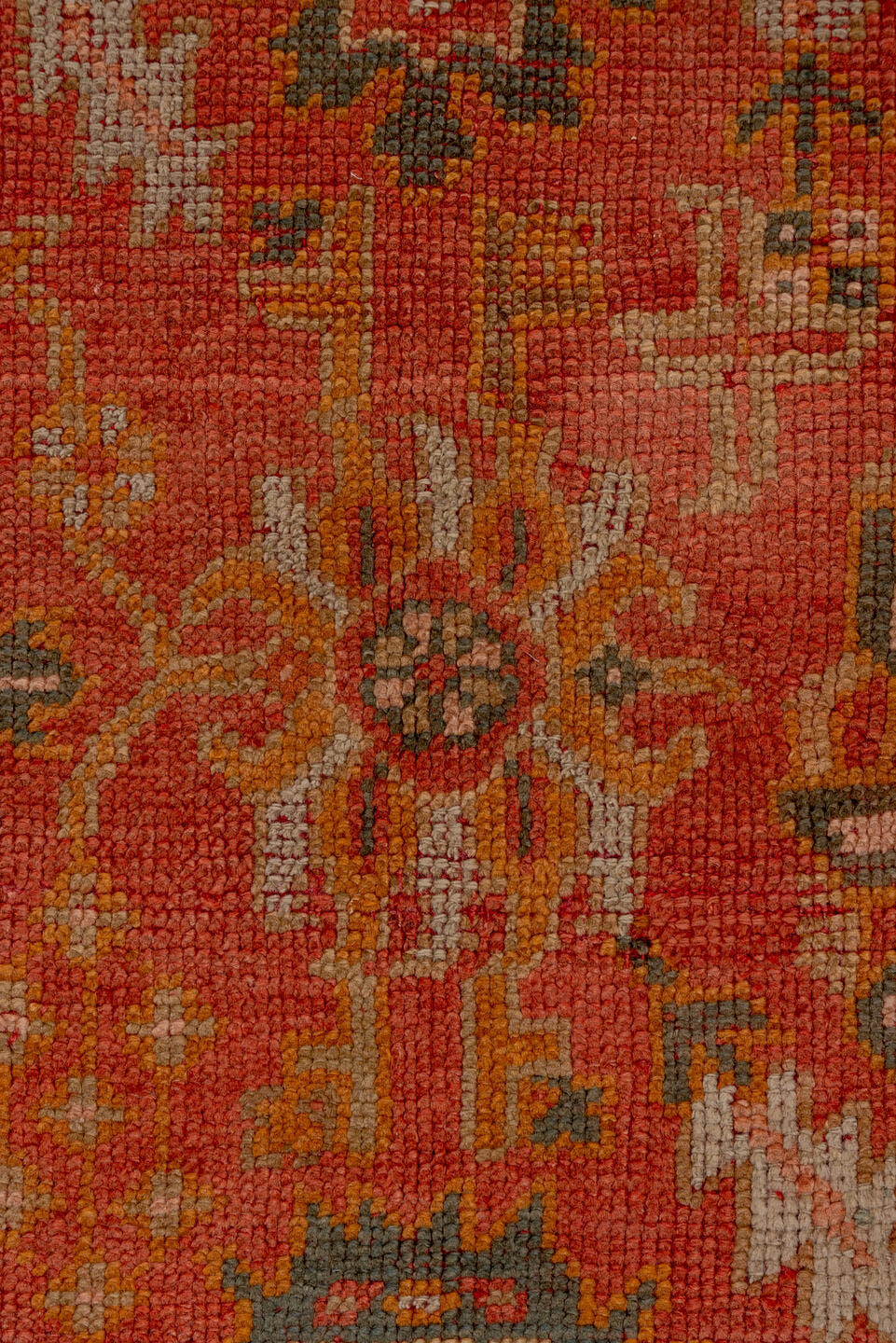 3' x 13' one-of-a-kind handmade antique Oushak runner rug. Color palette: terra cotta, rust, slate, ivory, gold, sage