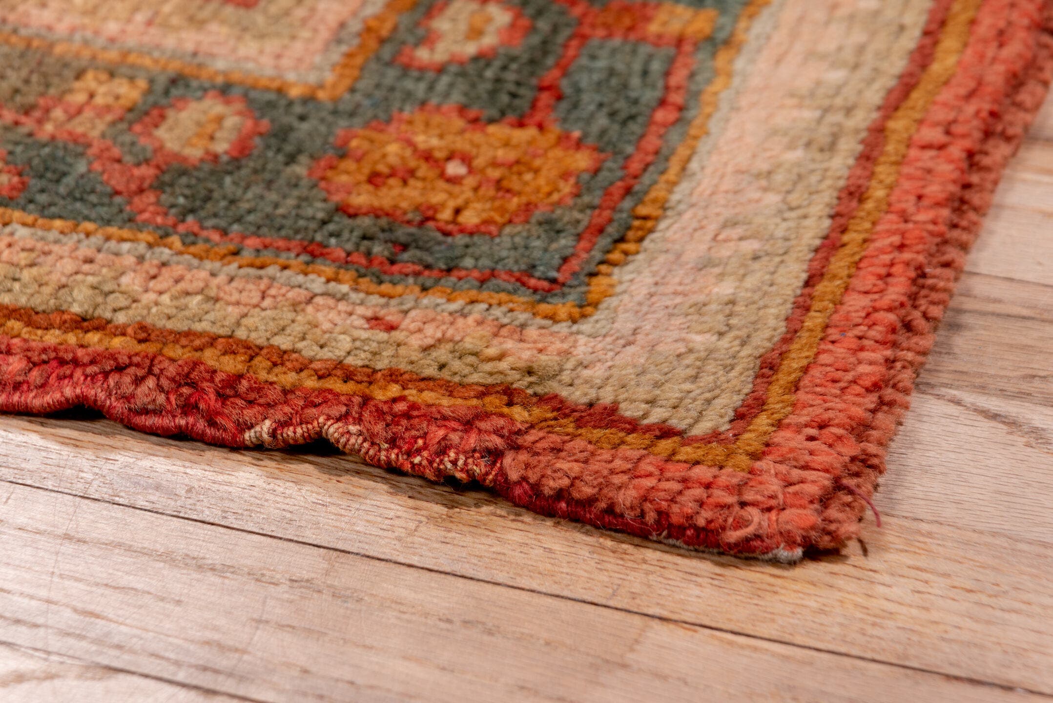 3' x 13' one-of-a-kind handmade antique Oushak runner rug. Color palette: terra cotta, rust, slate, ivory, gold, sage