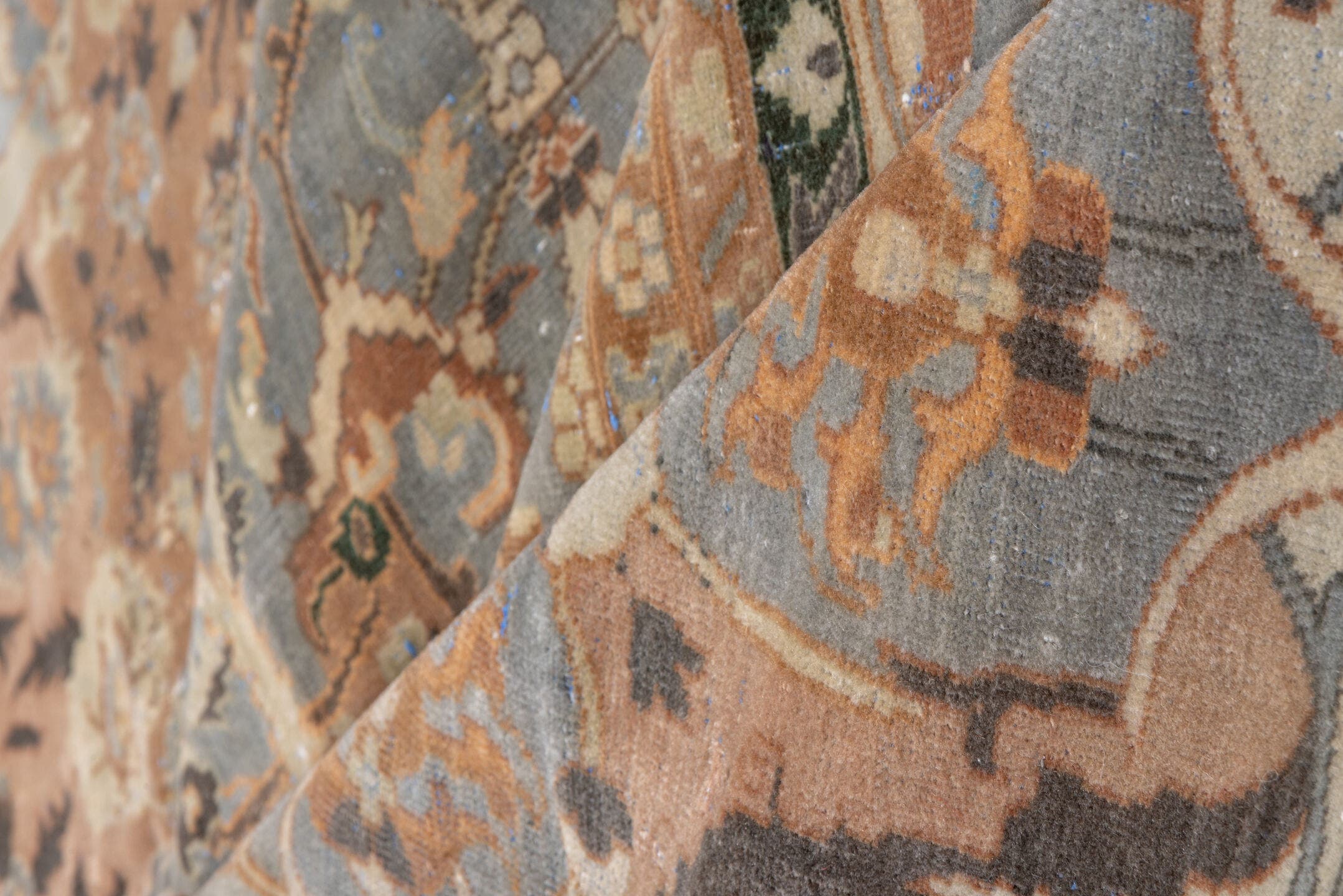6' x 10' one-of-a-kind handmade antique Polonase large size rug. Color palette: blush, powder_blue, ivory, olive, taupe