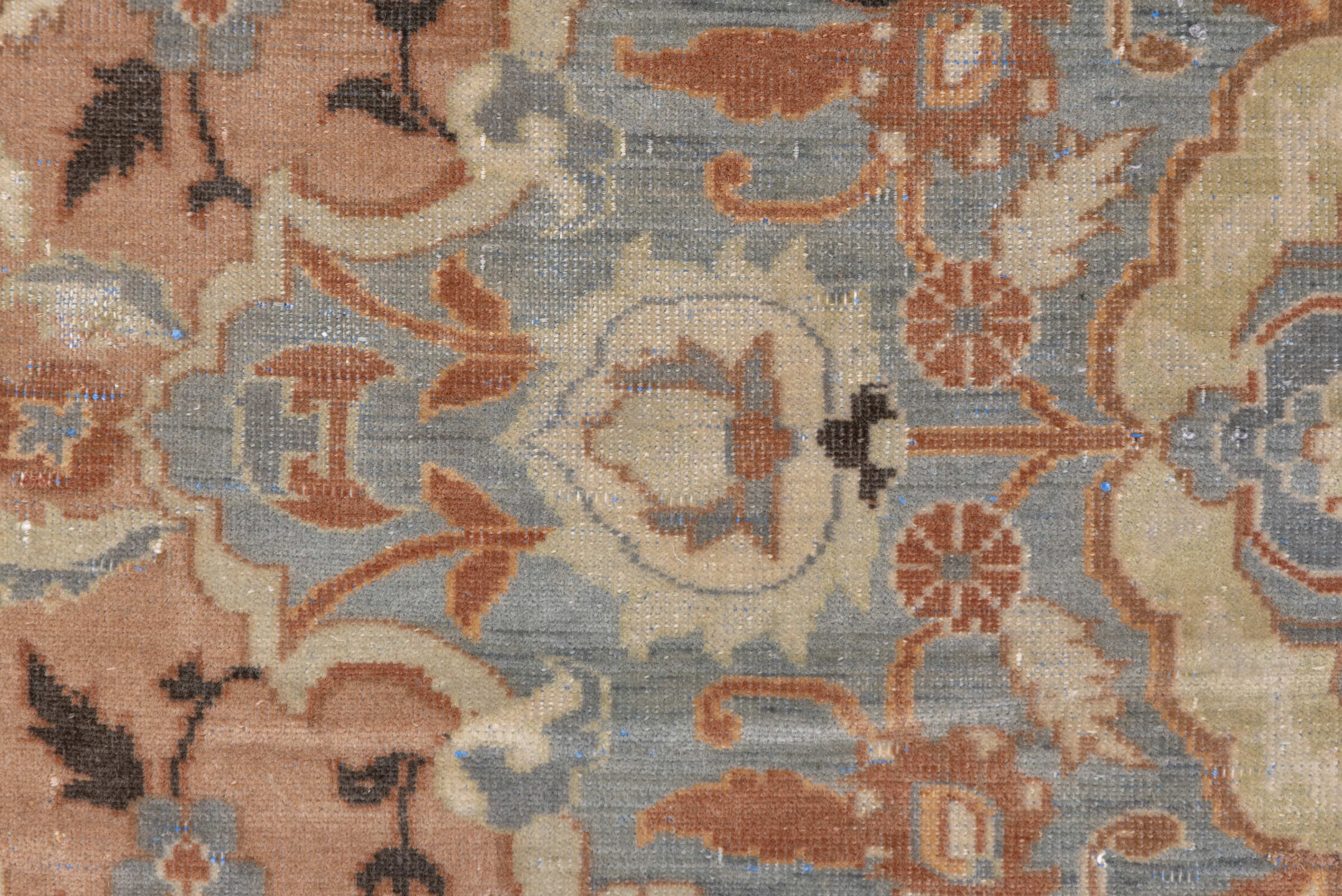 6' x 10' one-of-a-kind handmade antique Polonase large size rug. Color palette: blush, powder_blue, ivory, olive, taupe