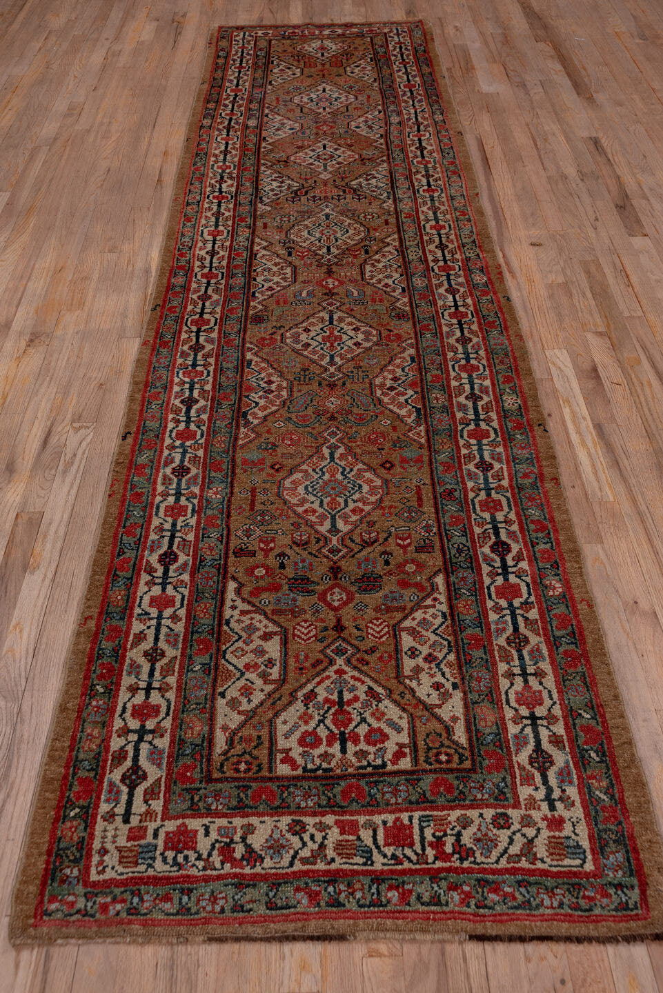 3' x 13' one-of-a-kind handmade antique Cam Hamadan runner rug. Color palette: taupe, rust, ivory, navy, terra cotta, slate