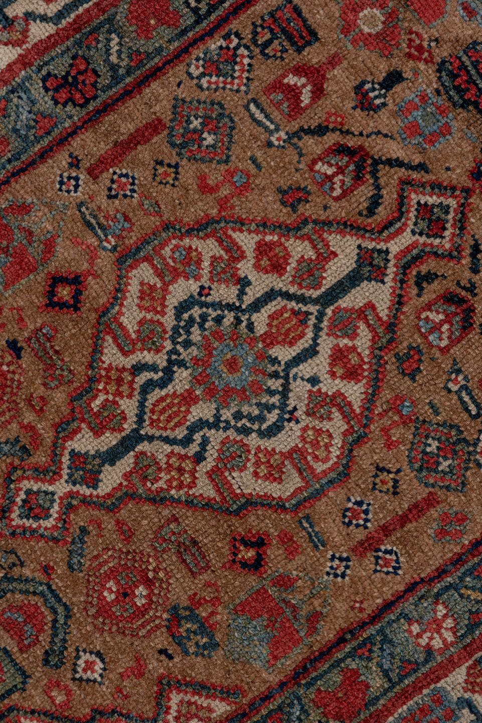 3' x 13' one-of-a-kind handmade antique Cam Hamadan runner rug. Color palette: taupe, rust, ivory, navy, terra cotta, slate