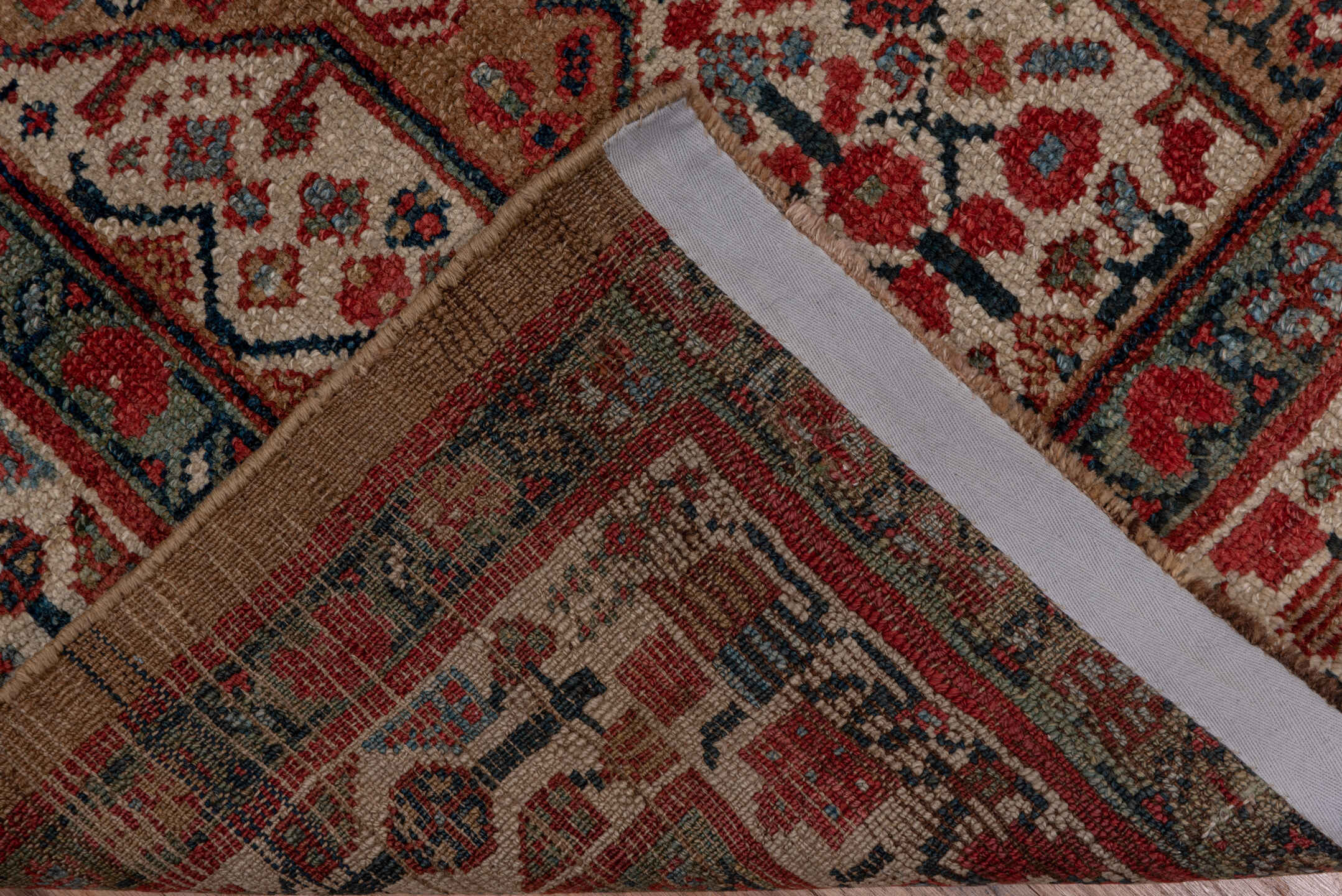 3' x 13' one-of-a-kind handmade antique Cam Hamadan runner rug. Color palette: taupe, rust, ivory, navy, terra cotta, slate