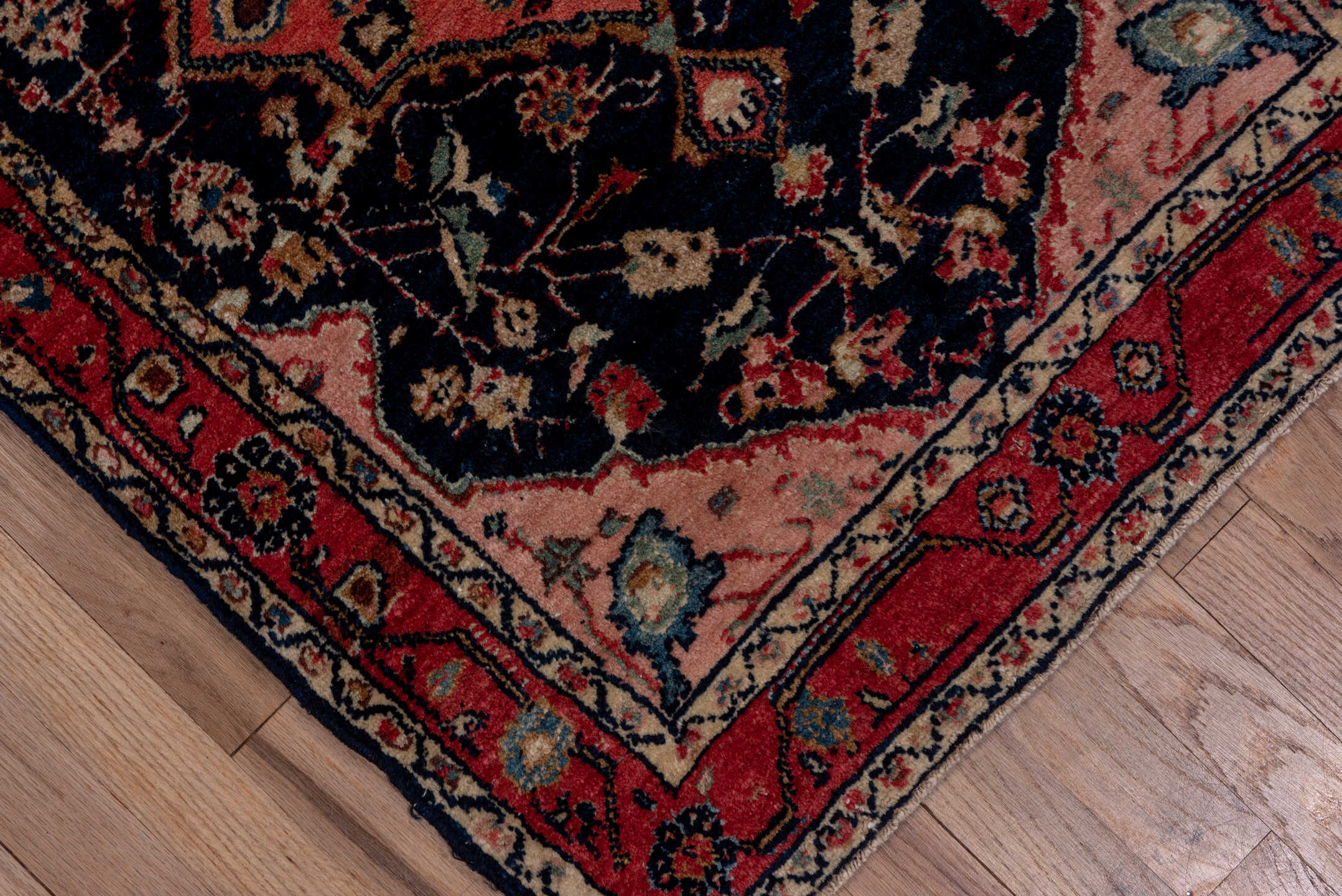 2' x 10' one-of-a-kind handmade antique Malayer runner rug. Color palette: navy, red, rose, ivory, sky blue, sage, camel