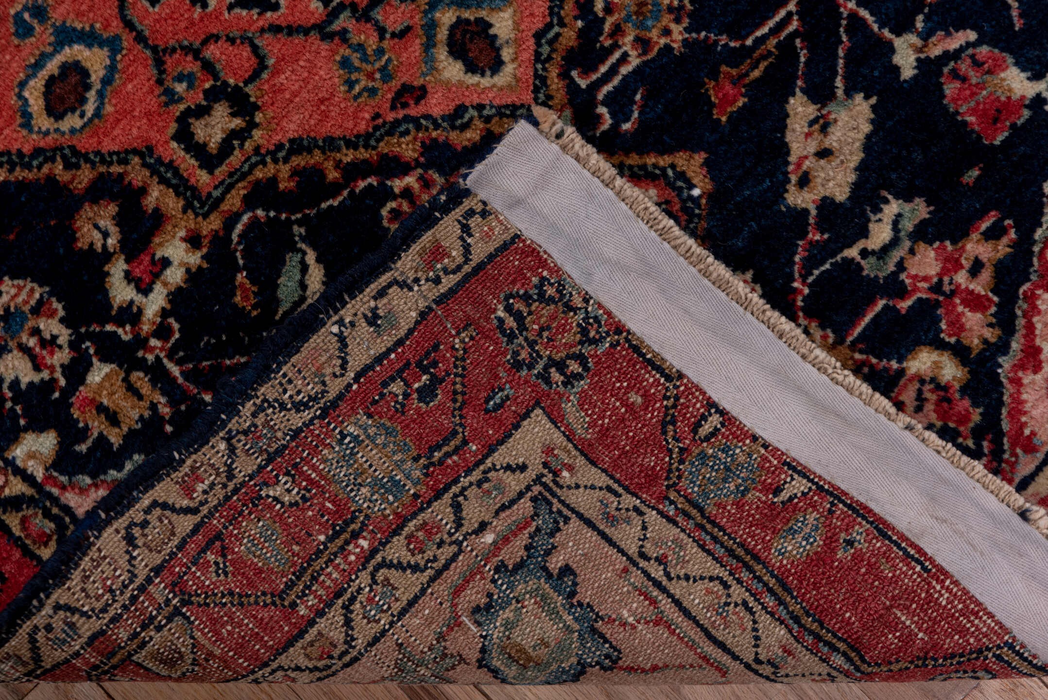 2' x 10' one-of-a-kind handmade antique Malayer runner rug. Color palette: navy, red, rose, ivory, sky blue, sage, camel