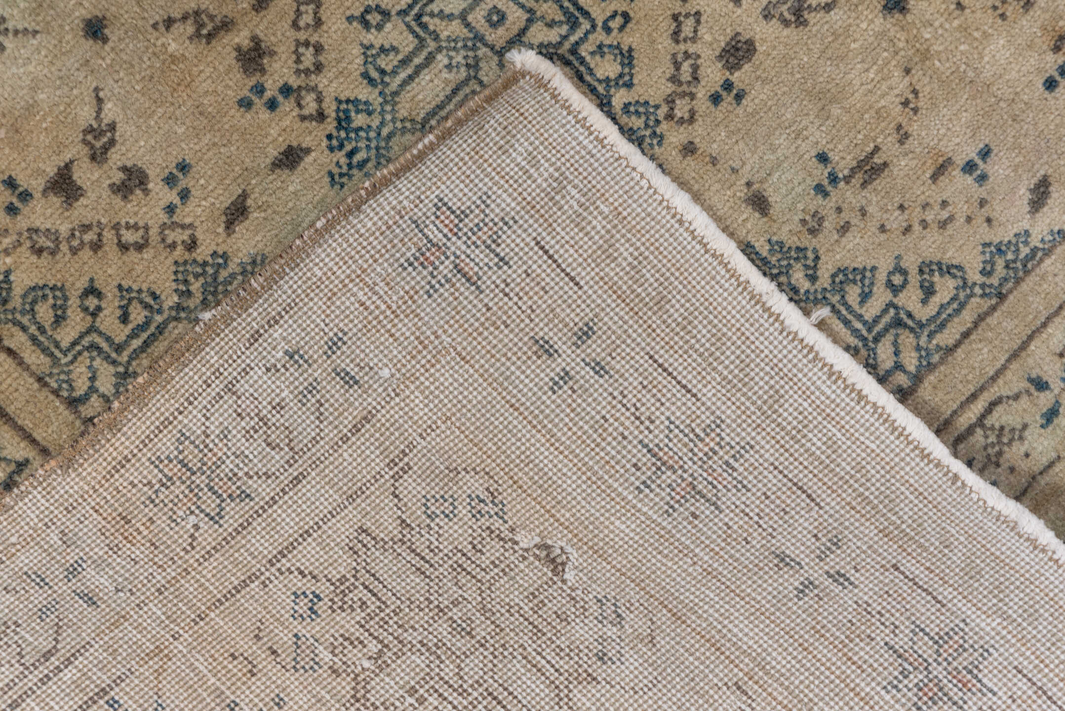 6' x 10' one-of-a-kind handmade antique Sivas large size rug. Color palette: ivory, pale blue, taupe, beige, soft brown