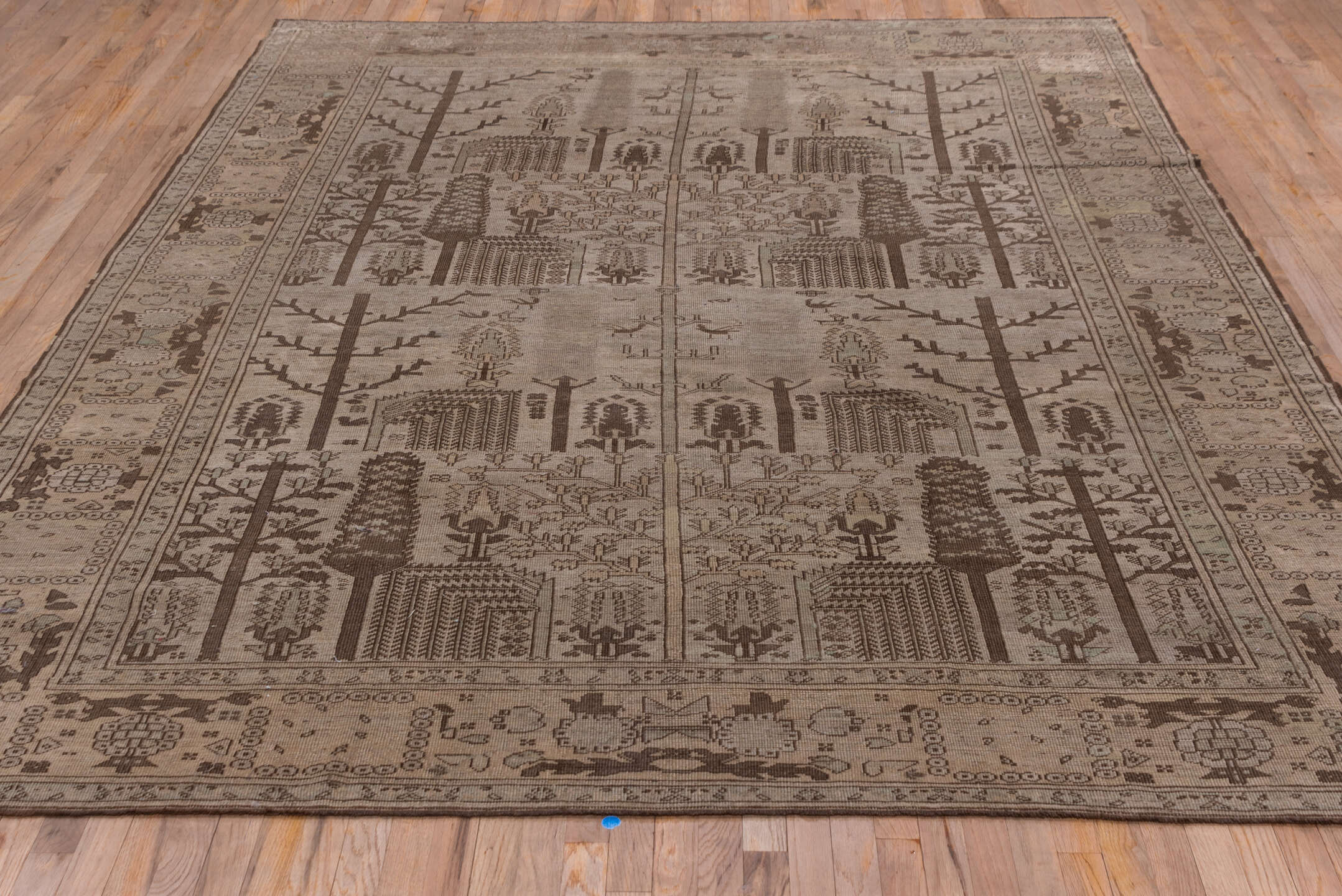 8' x 11' one-of-a-kind handmade antique Oushak large size rug. Color palette: taupe, brown, ivory, camel, charcoal, beige