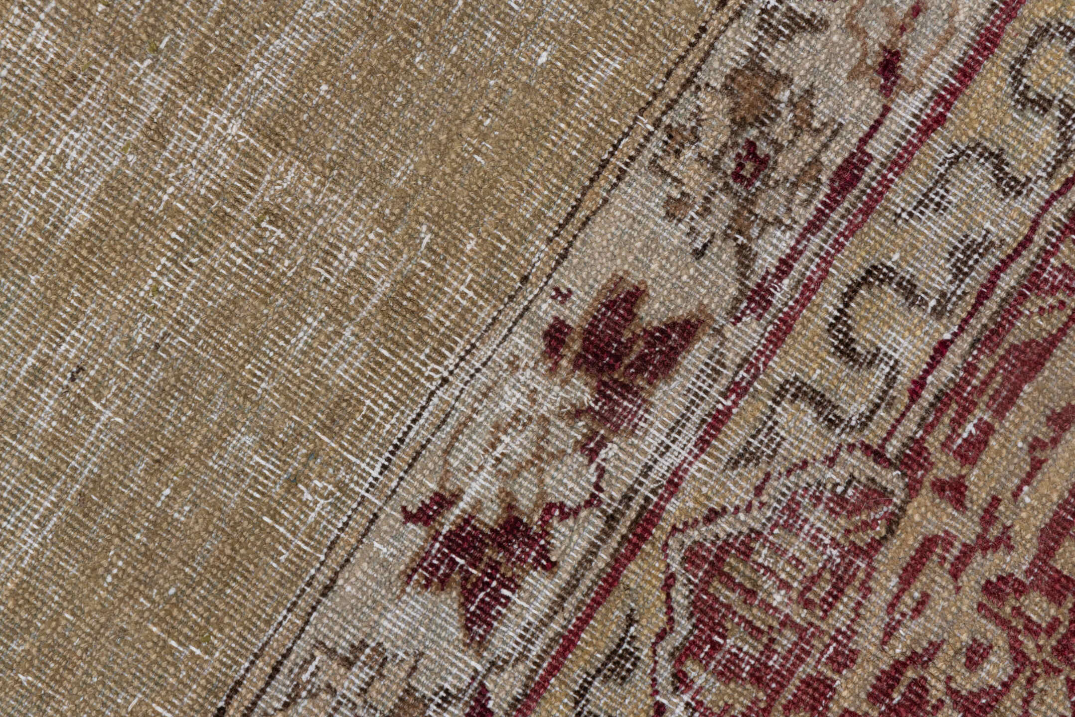 10' x 13' one-of-a-kind handmade antique Amritzar large size rug. Color palette: camel, ivory, burgundy, taupe, rose, sage