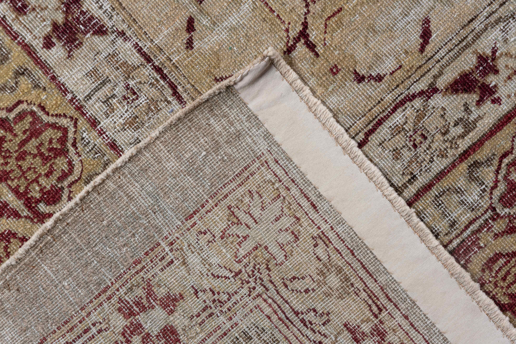 10' x 13' one-of-a-kind handmade antique Amritzar large size rug. Color palette: camel, ivory, burgundy, taupe, rose, sage