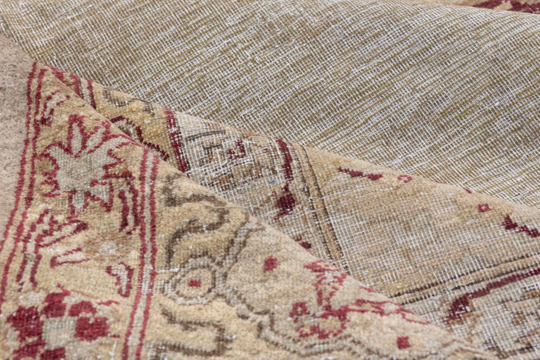 10' x 13' one-of-a-kind handmade antique Amritzar large size rug. Color palette: camel, ivory, burgundy, taupe, rose, sage