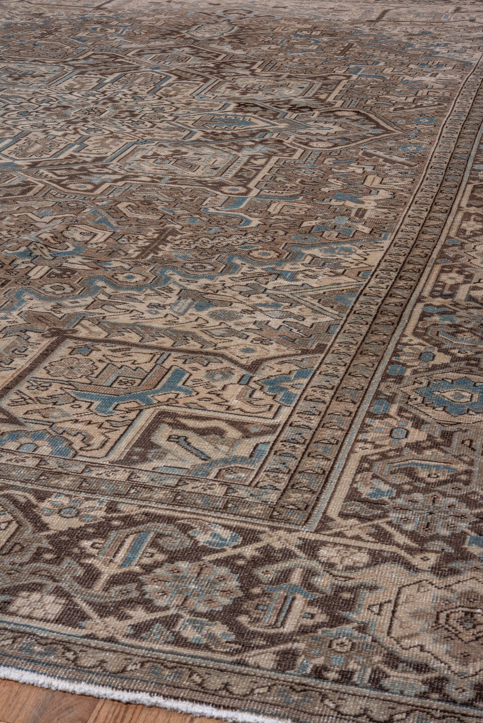 11' x 16' one-of-a-kind handmade vintage Heriz oversize rug. Color palette: blue, brown, dim gray, gray, light gray