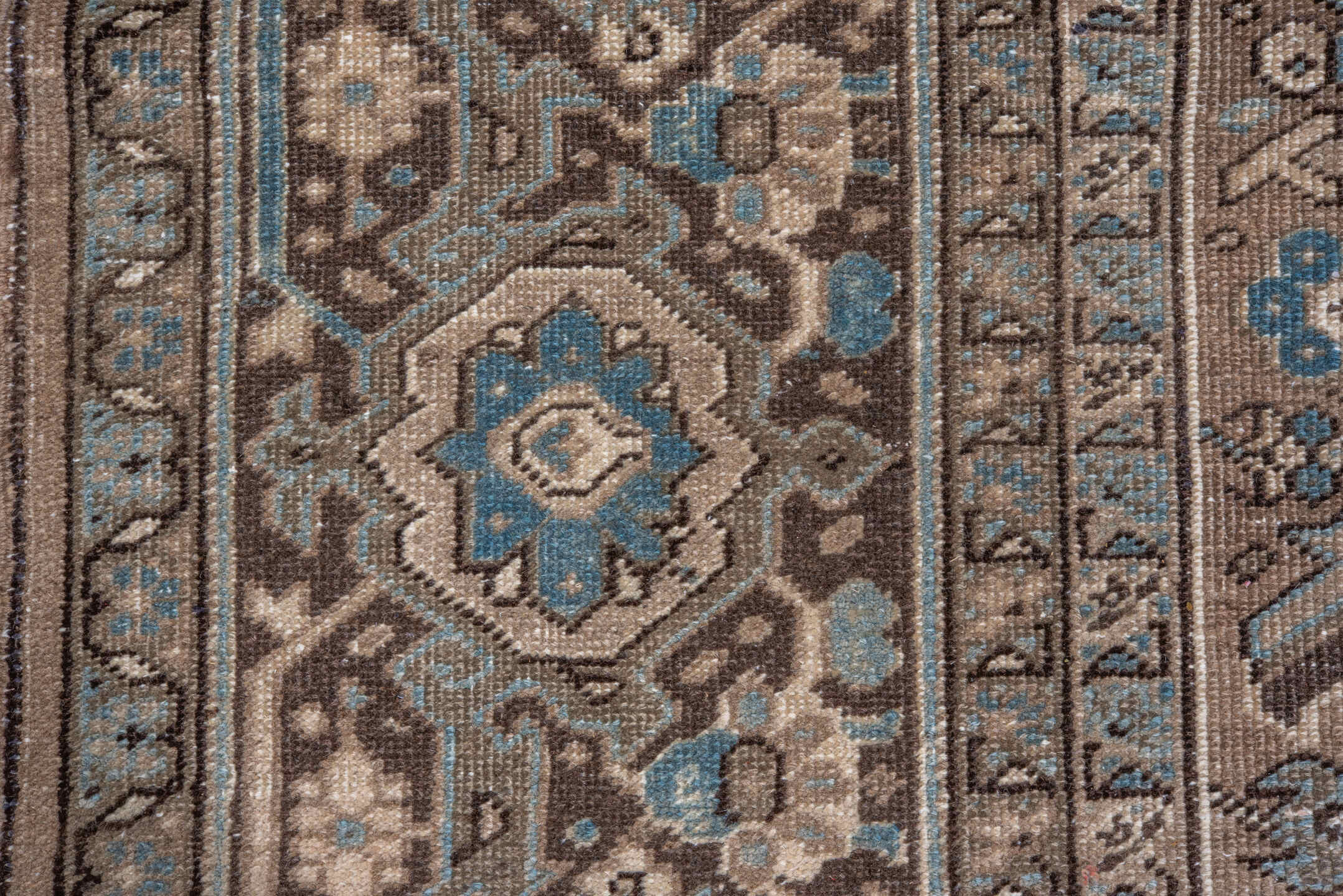 11' x 16' one-of-a-kind handmade vintage Heriz oversize rug. Color palette: blue, brown, dim gray, gray, light gray