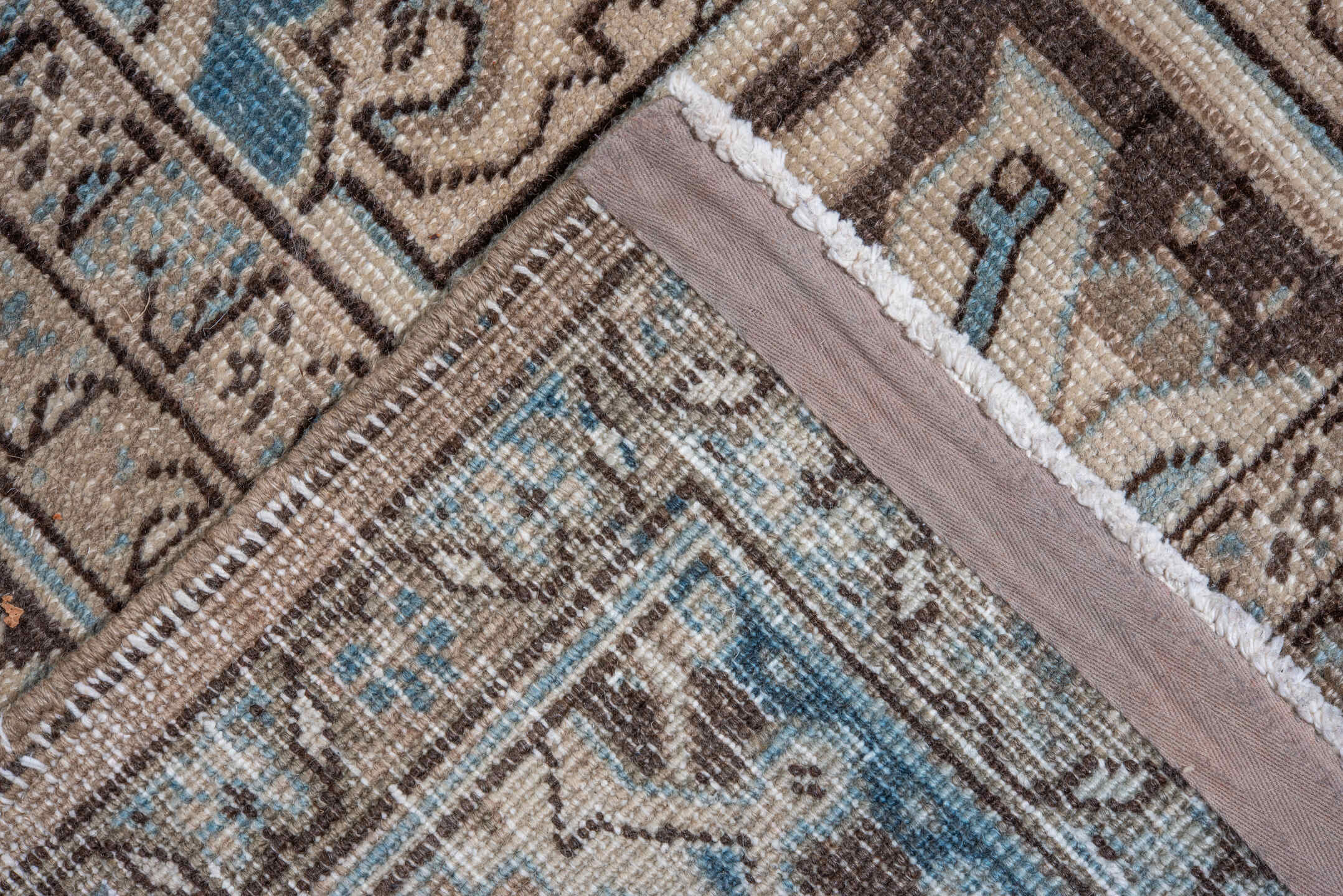 11' x 16' one-of-a-kind handmade vintage Heriz oversize rug. Color palette: blue, brown, dim gray, gray, light gray