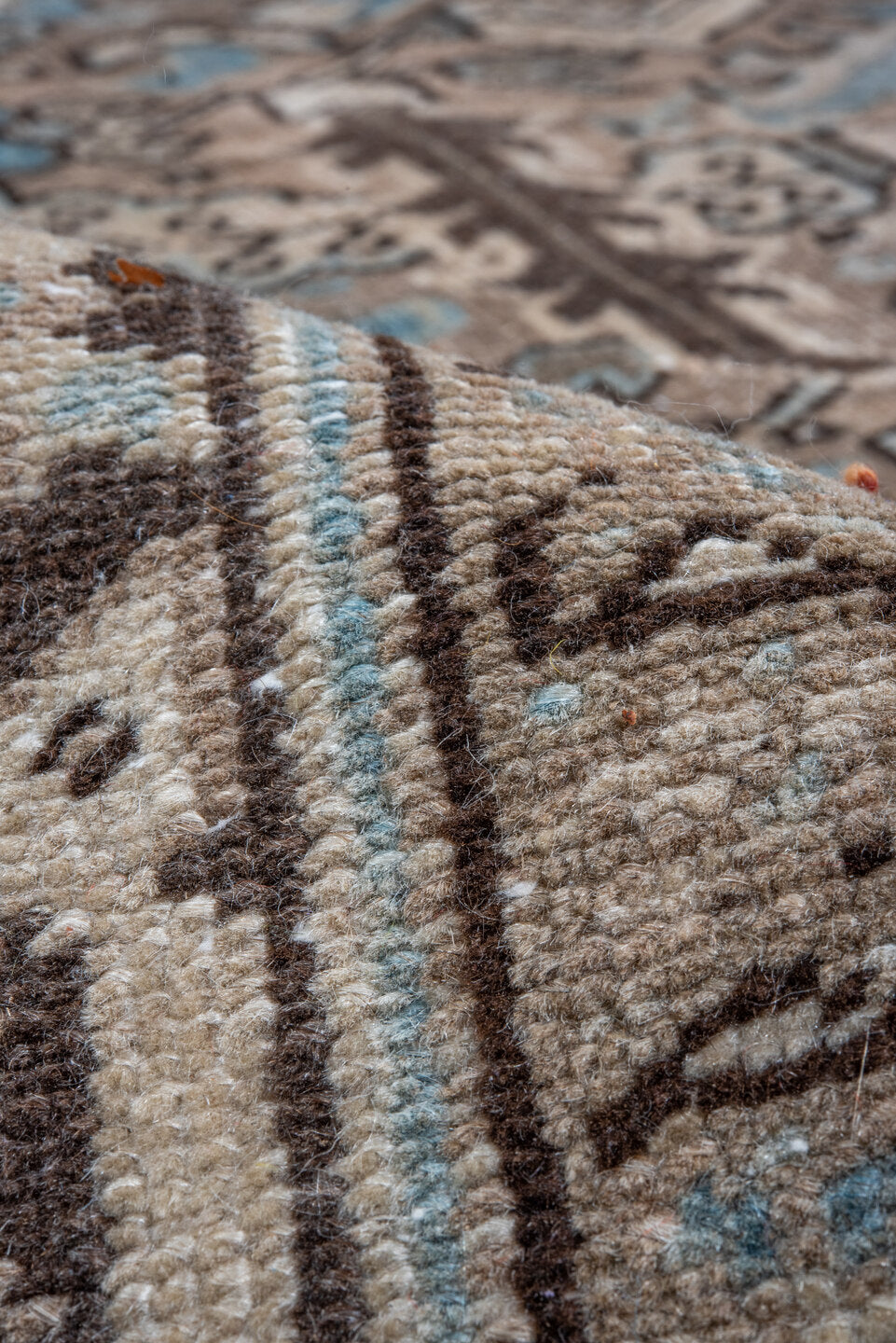 11' x 16' one-of-a-kind handmade vintage Heriz oversize rug. Color palette: blue, brown, dim gray, gray, light gray