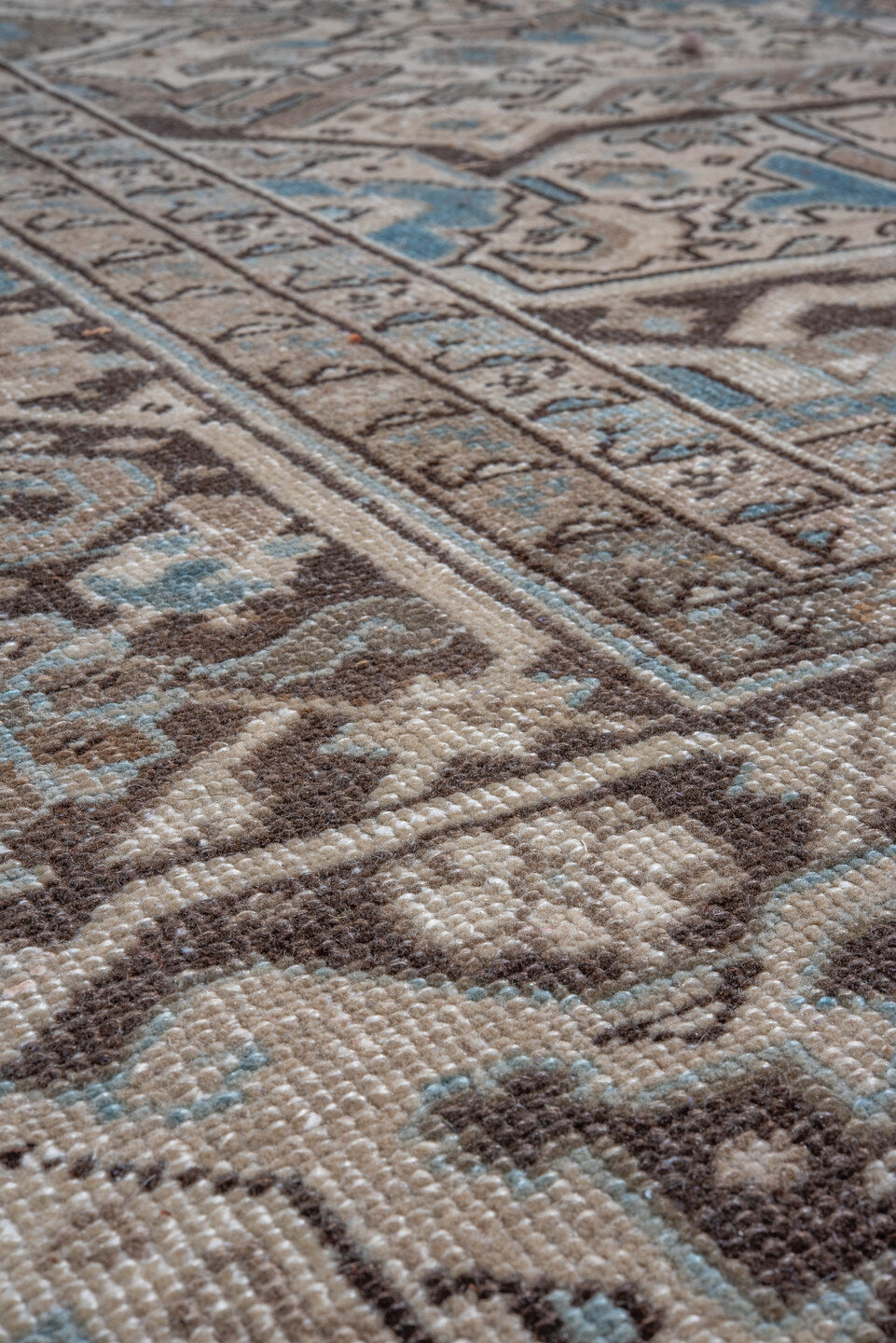 11' x 16' one-of-a-kind handmade vintage Heriz oversize rug. Color palette: blue, brown, dim gray, gray, light gray