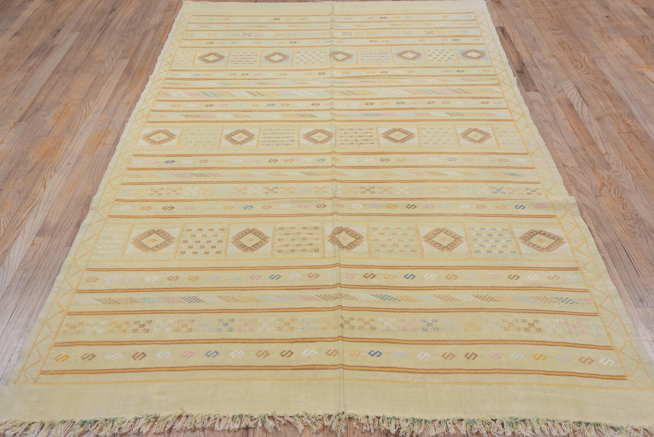 5' x 8' one-of-a-kind handmade vintage Cactus Kilim medium size rug. Color palette: ivory, pale gold, camel, taupe, sage