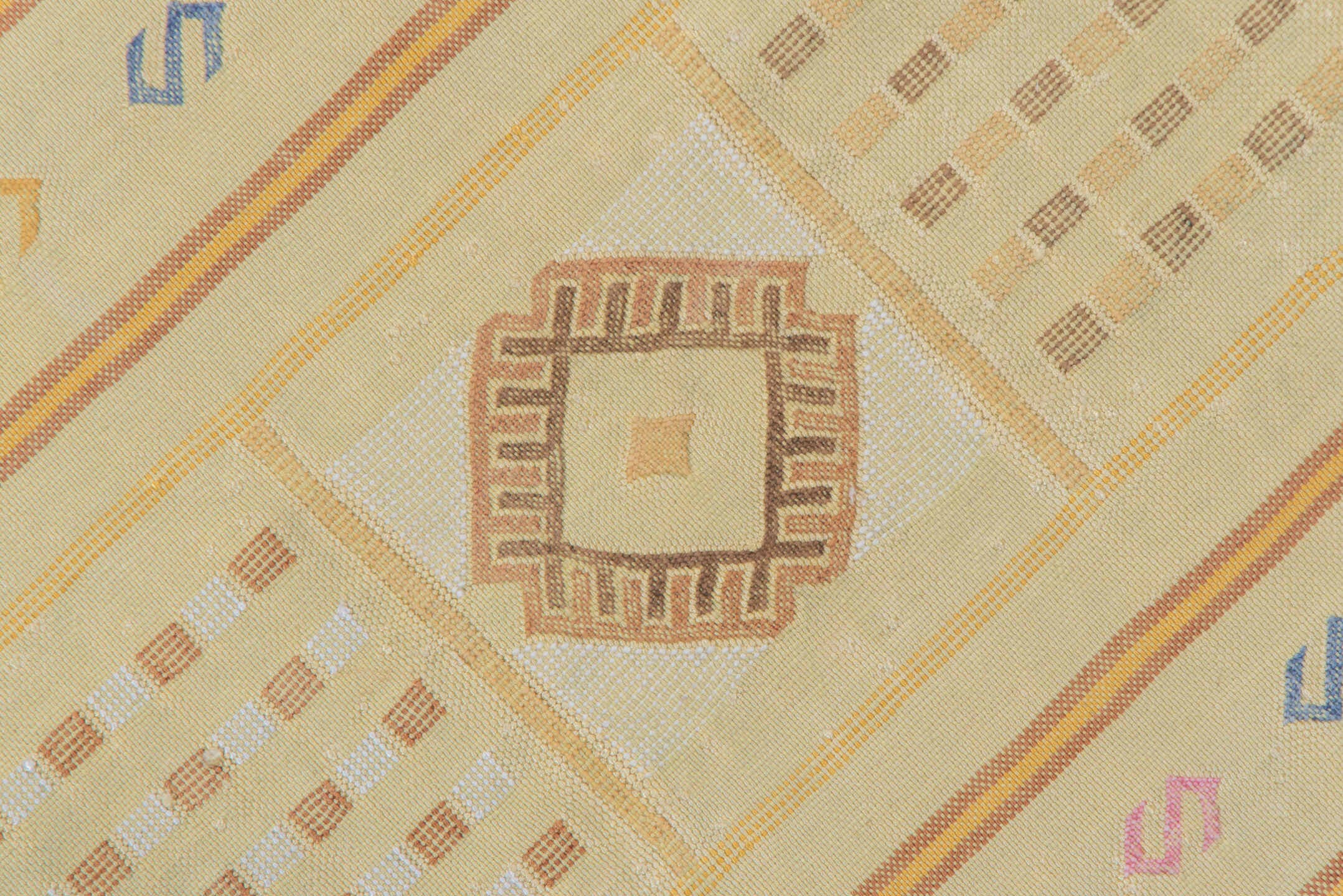 5' x 8' one-of-a-kind handmade vintage Cactus Kilim medium size rug. Color palette: ivory, pale gold, camel, taupe, sage