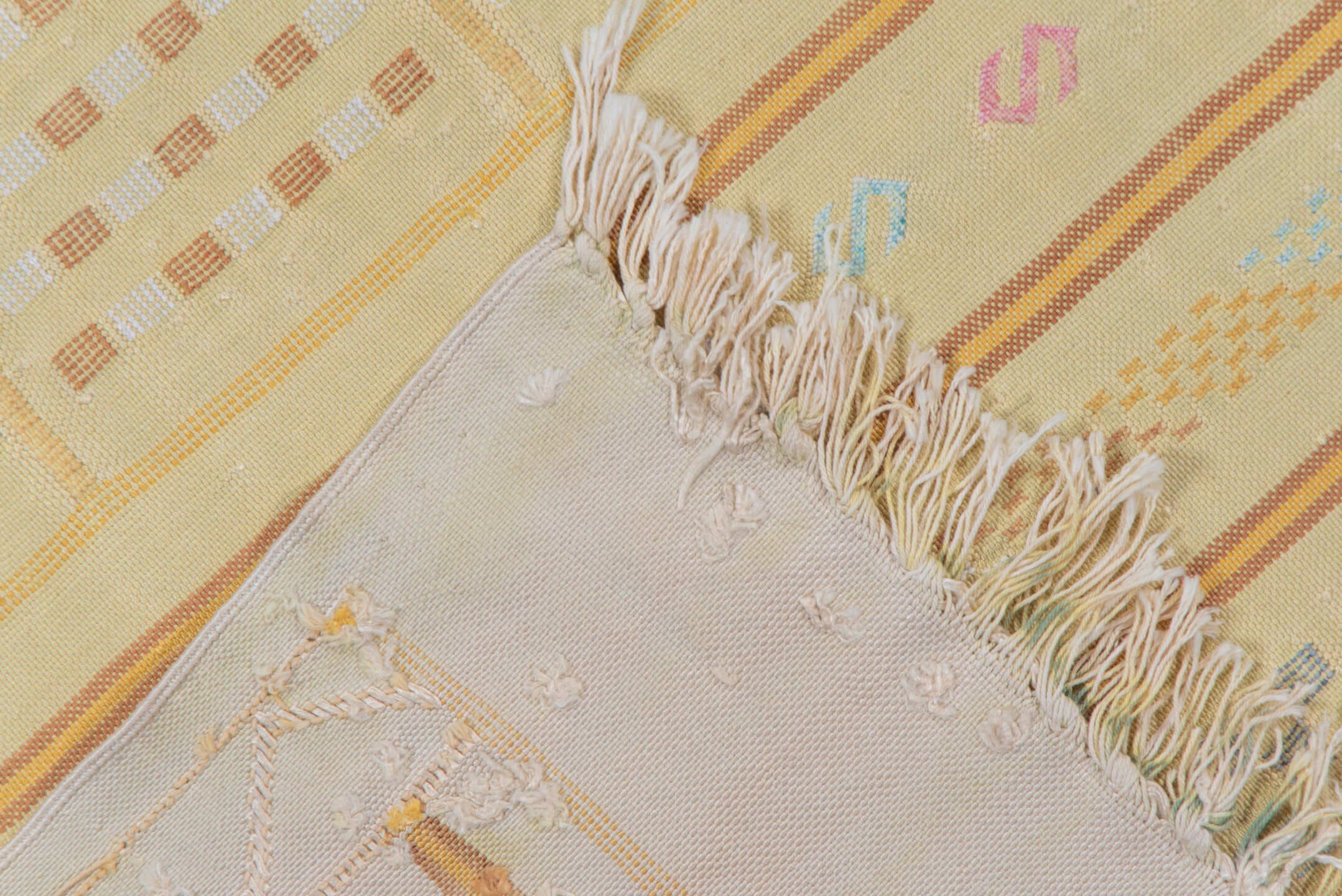 5' x 8' one-of-a-kind handmade vintage Cactus Kilim medium size rug. Color palette: ivory, pale gold, camel, taupe, sage
