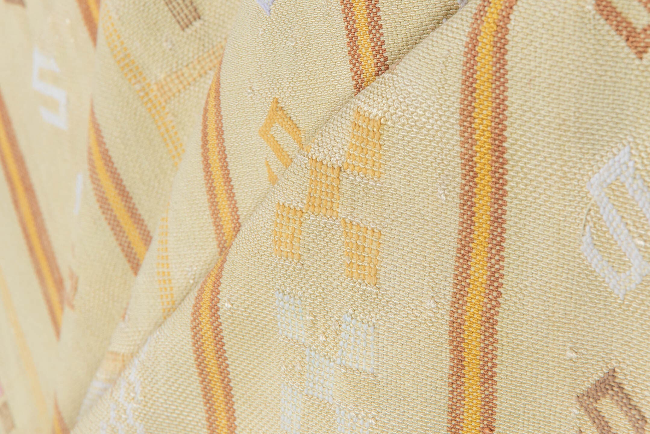 5' x 8' one-of-a-kind handmade vintage Cactus Kilim medium size rug. Color palette: ivory, pale gold, camel, taupe, sage