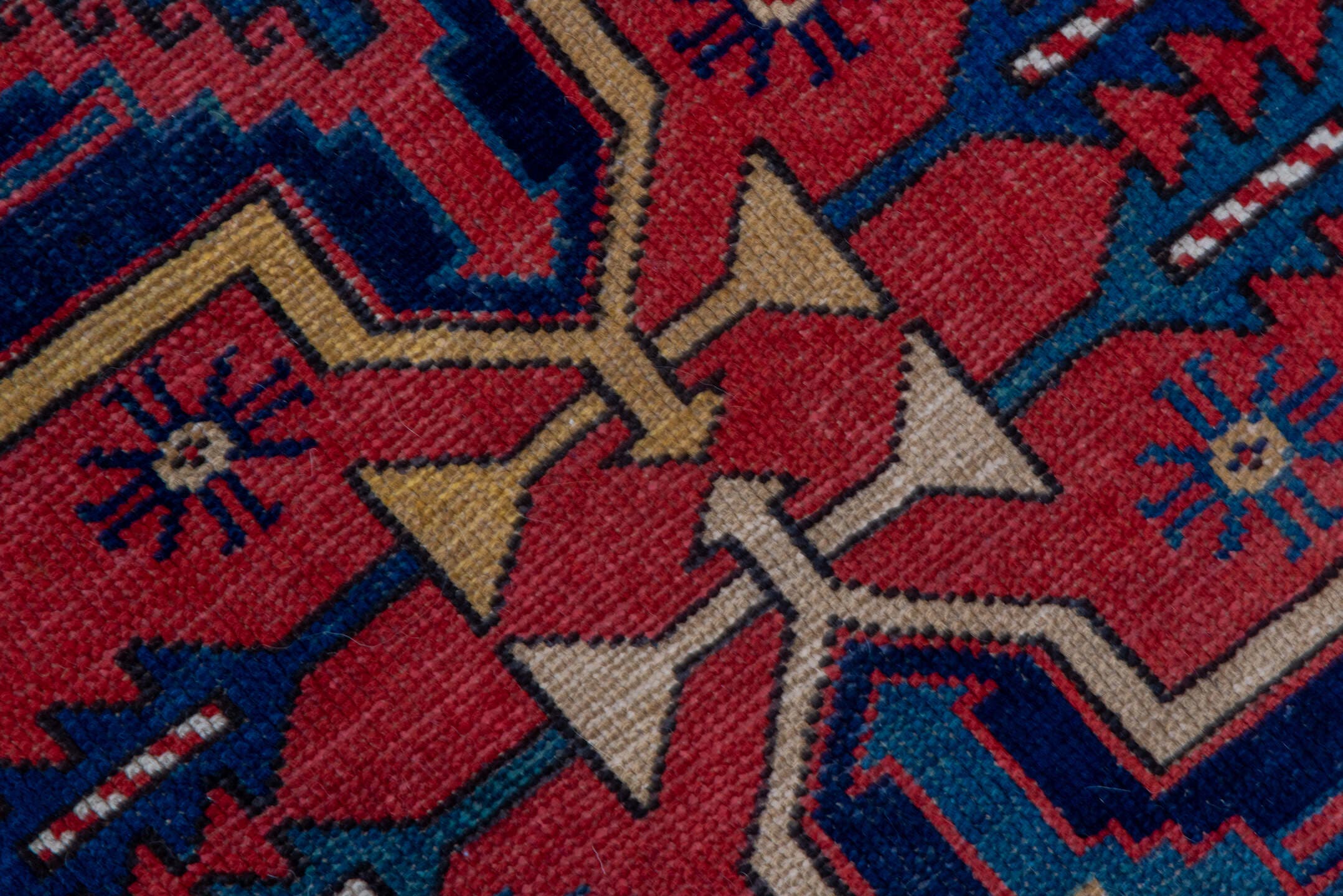 3' x 10' one-of-a-kind handmade antique Heriz runner rug. Color palette: red, navy, ivory, camel, rust, charcoal, blue