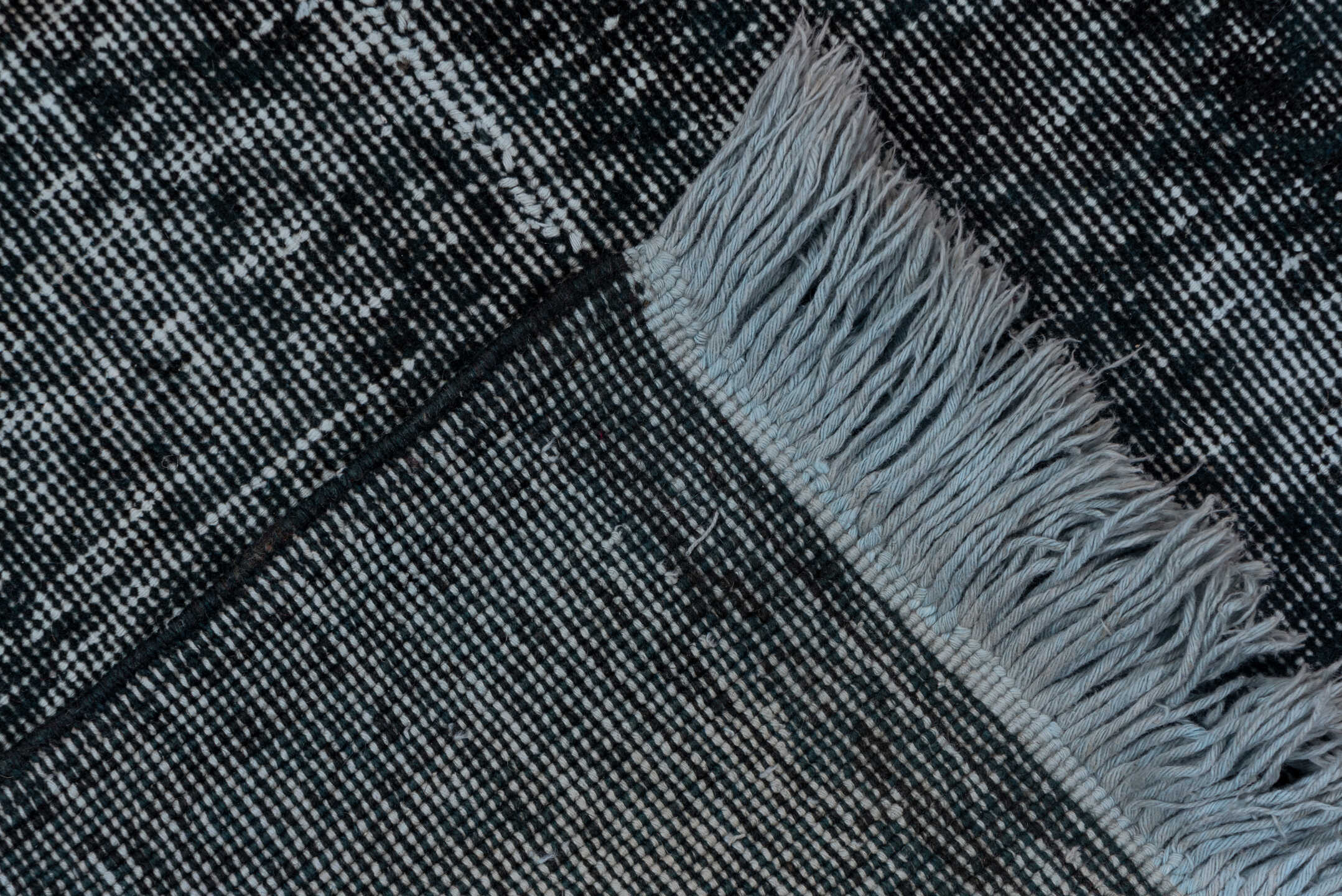 5' x 12' one-of-a-kind handmade vintage Sparta rug. Color palette: charcoal, slate, steel_blue, gray, black, blue